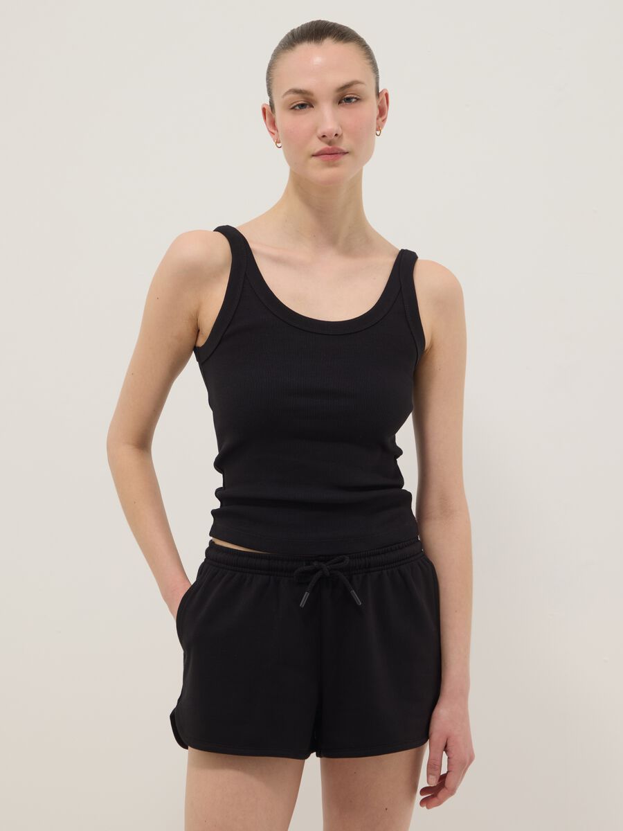 Black stretch cotton fitted vest top_0