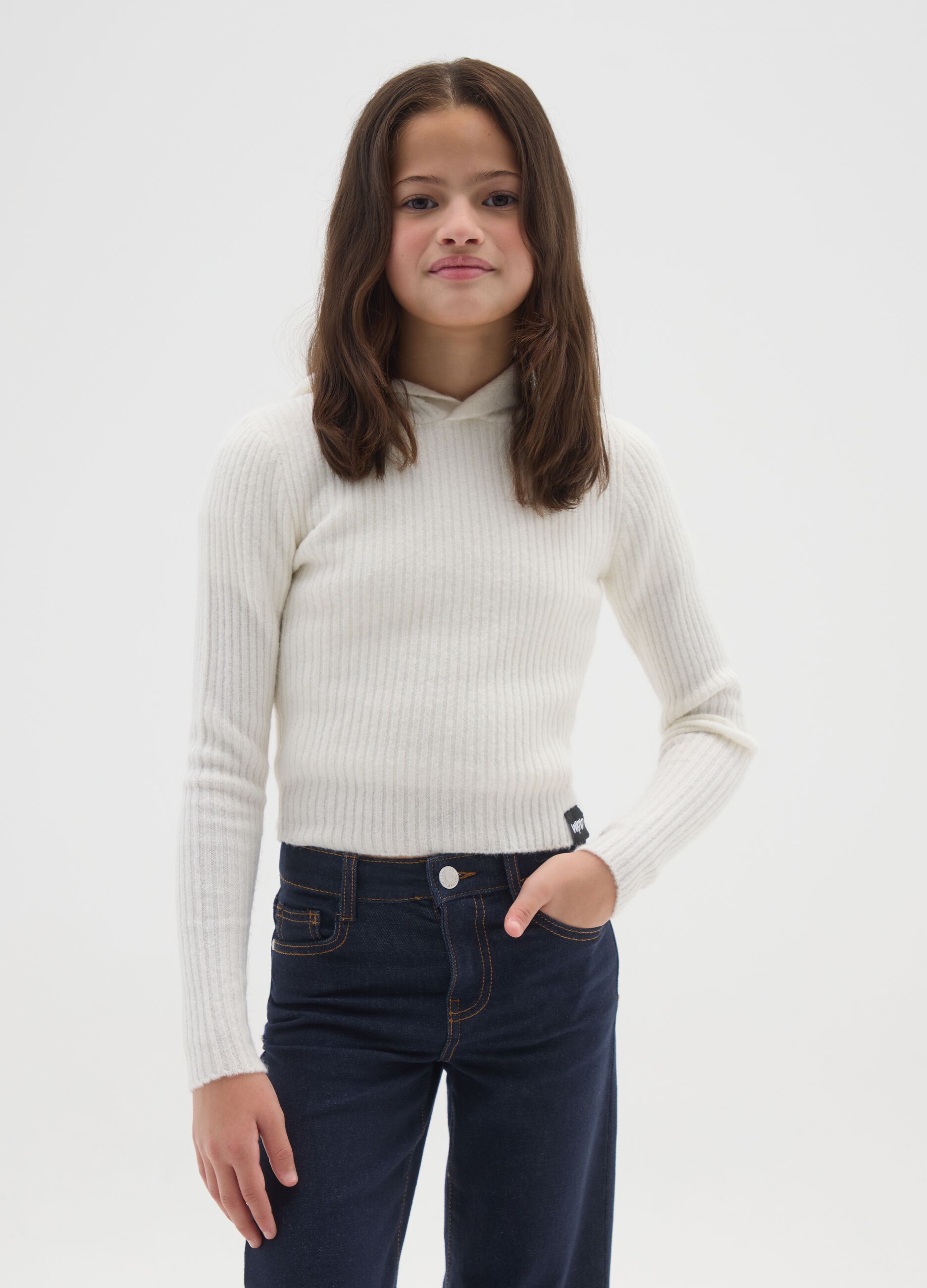 Girls' white wool blend fitted hoodie