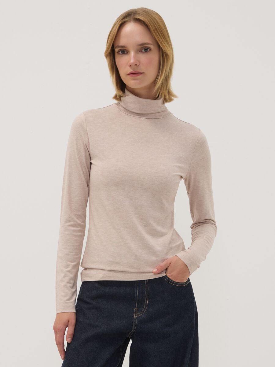Beige stretch viscose top with mock neck, regular fit_0