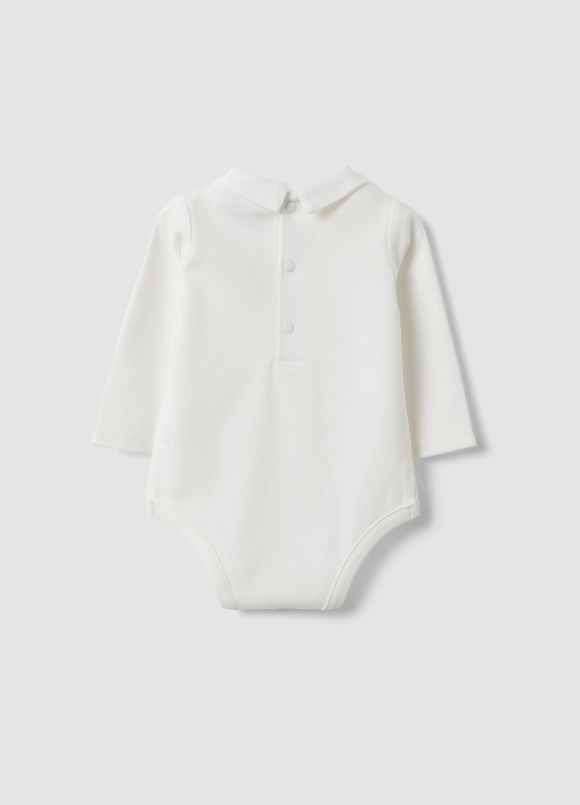 White organic cotton baby bodysuit with collar