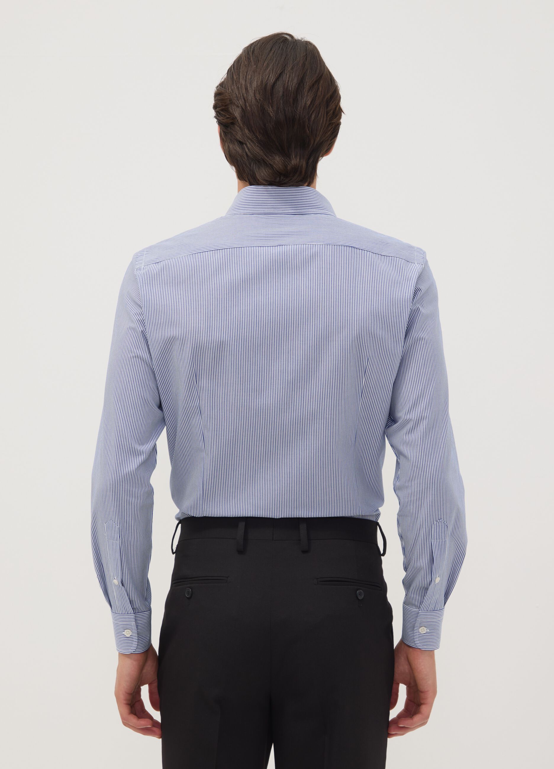 Blue striped cotton-blend button-down shirt, easy iron, slim fit