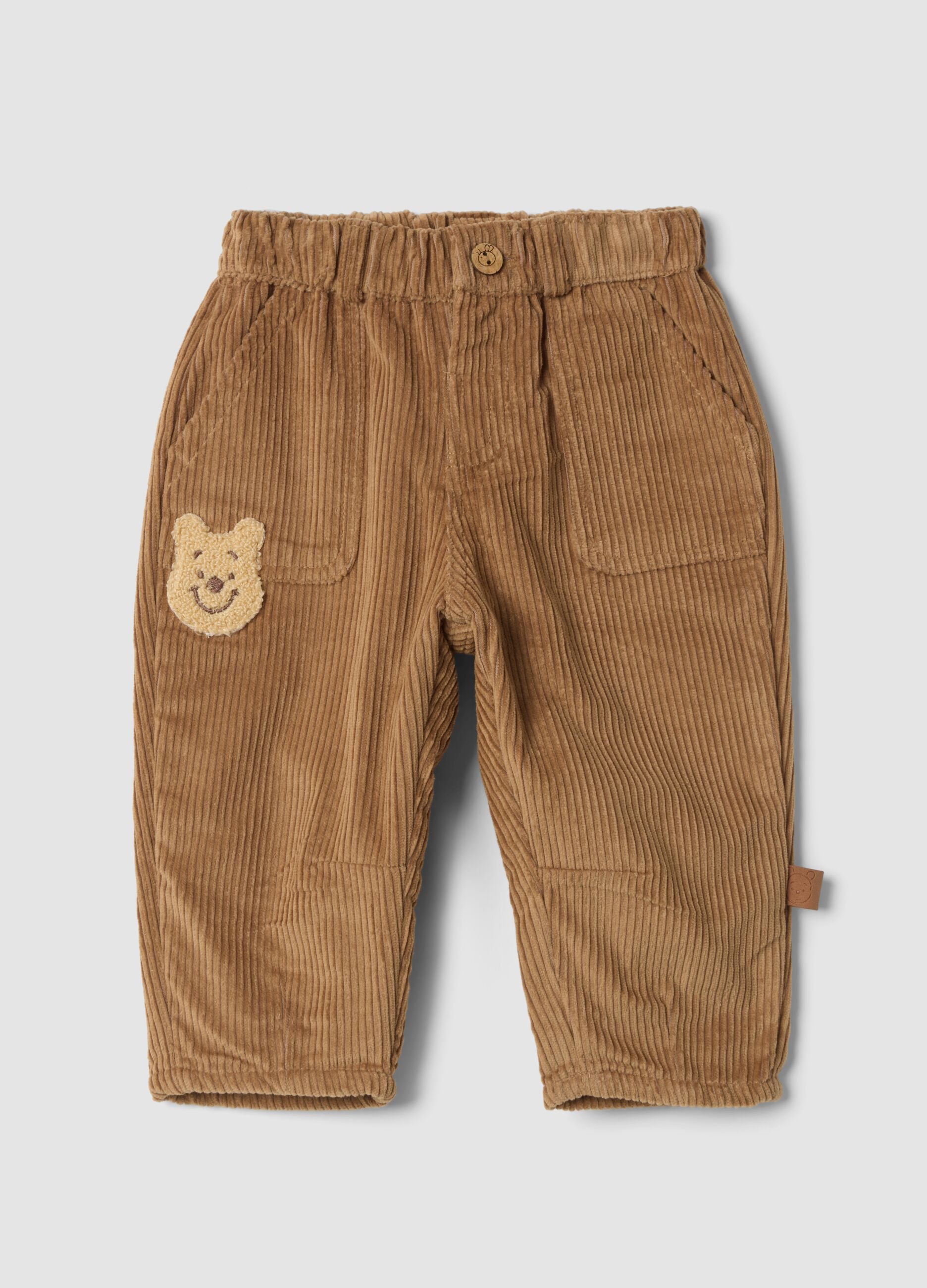 Cal&ccedil;as bege em algod&atilde;o puro canelado com bordado do Winnie the Pooh, comfort fit