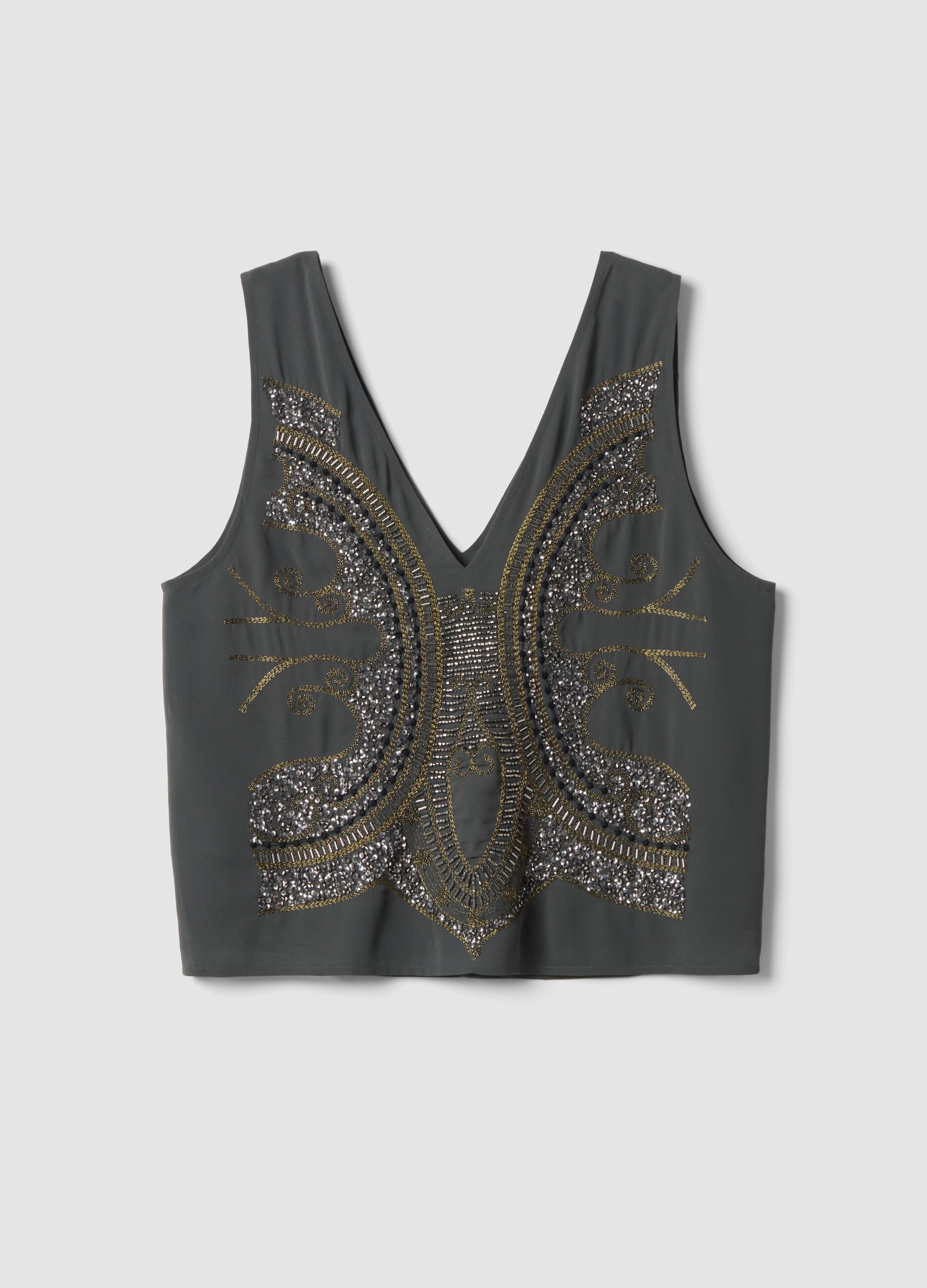 Grey embroidered V-neck top