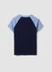 T-shirt blu in cotone elasticizzato a girocollo con maniche a contrasto_5