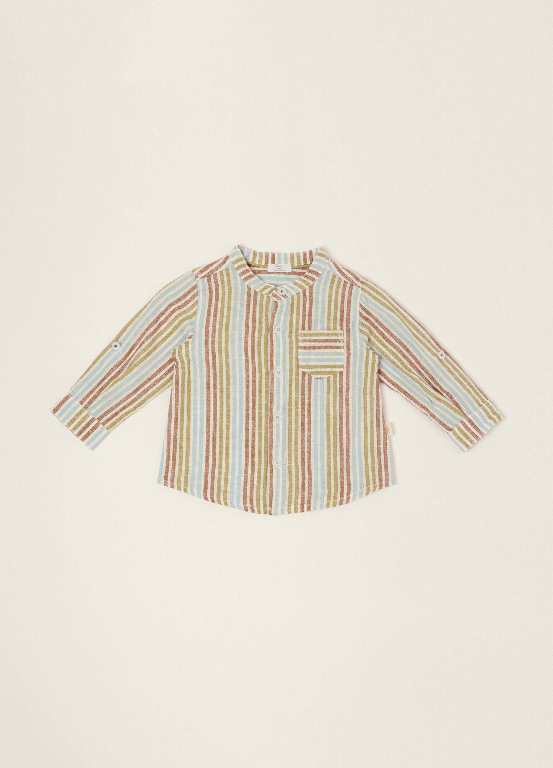 Baby regular-fit striped shirt with mandarin collar in cotton-linen blend
