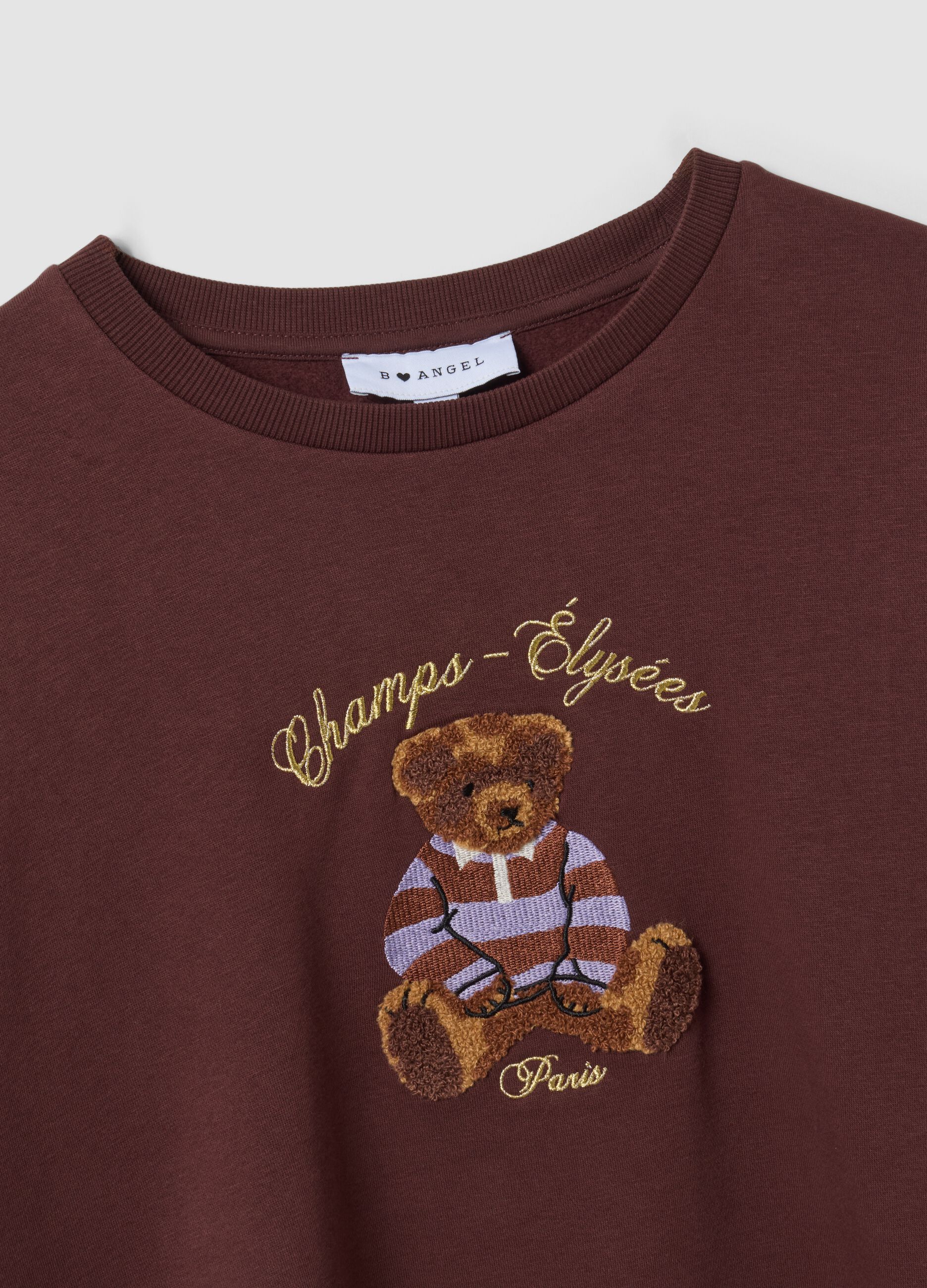 Felpa marrone in misto cotone con girocollo e stampa teddy
