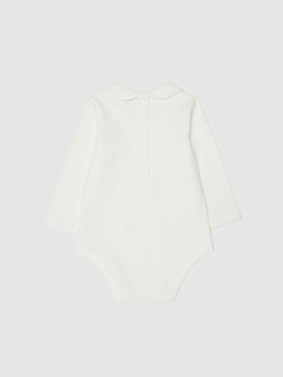 White baby girl's bodysuit in pure cotton with collar and embroidery_1