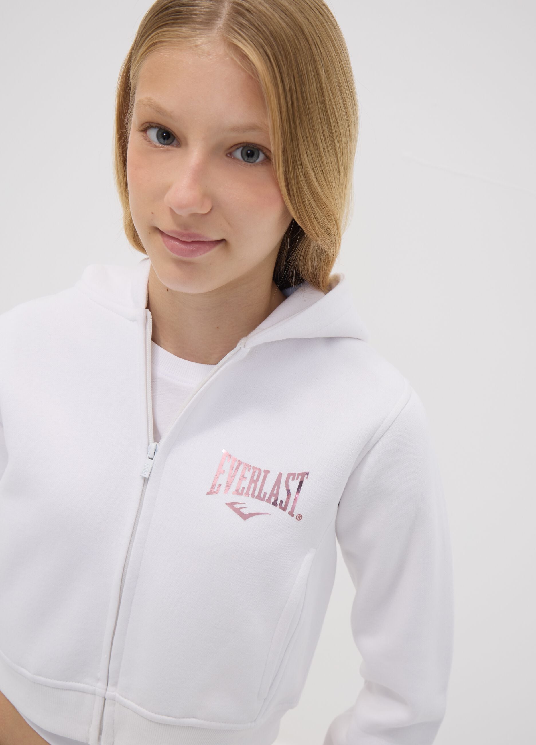 White hooded zip-up sweatshirt in cotton blend for girls, regular fit