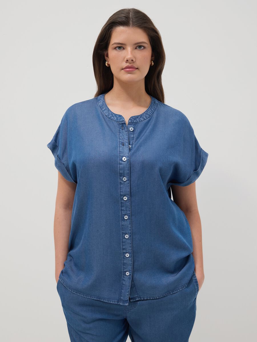 Blaue Bluse aus reinem Lyocell in Regular Fit mit Stehkragen_1