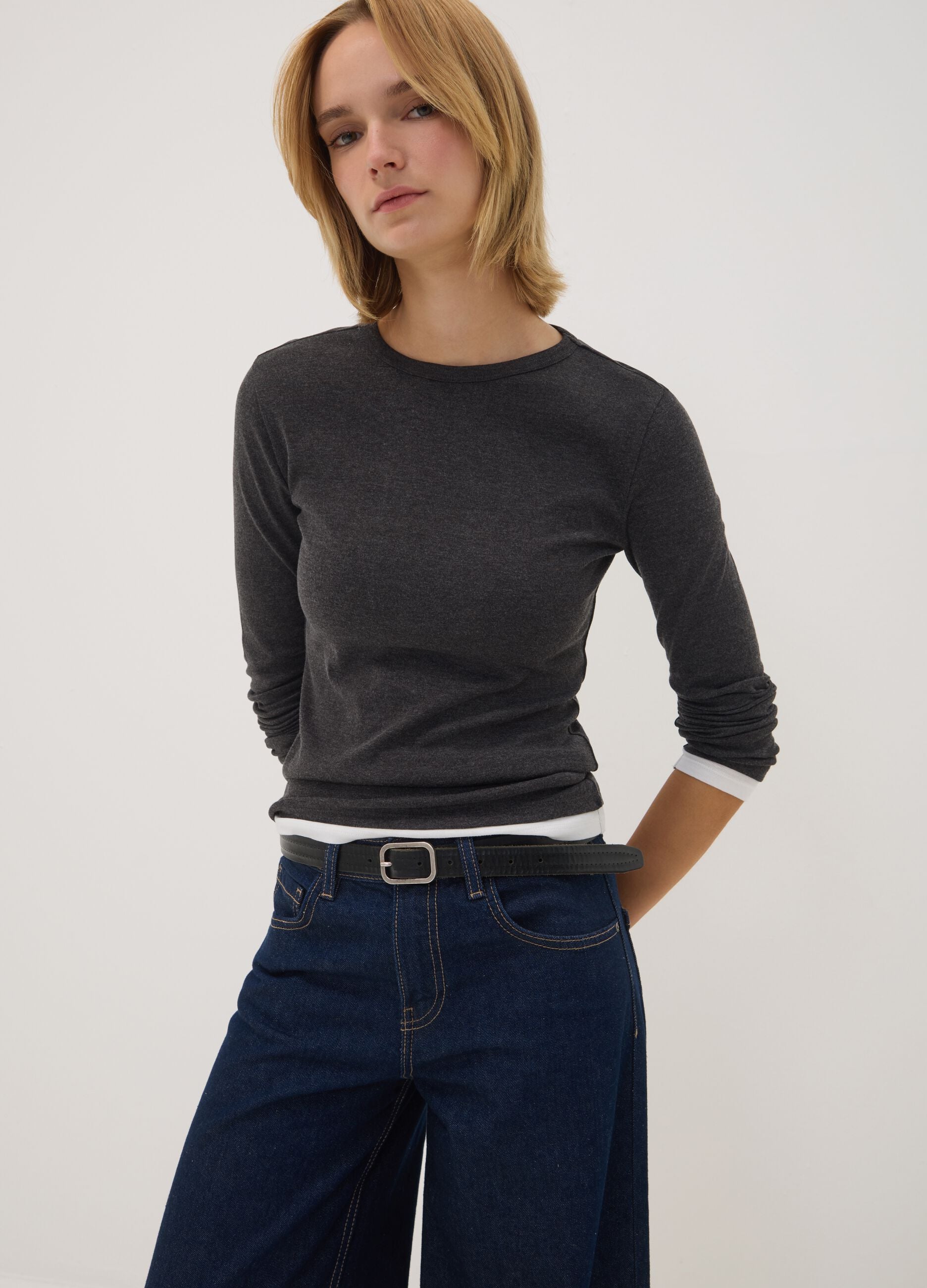 Grey cotton-blend crew-neck T-shirt