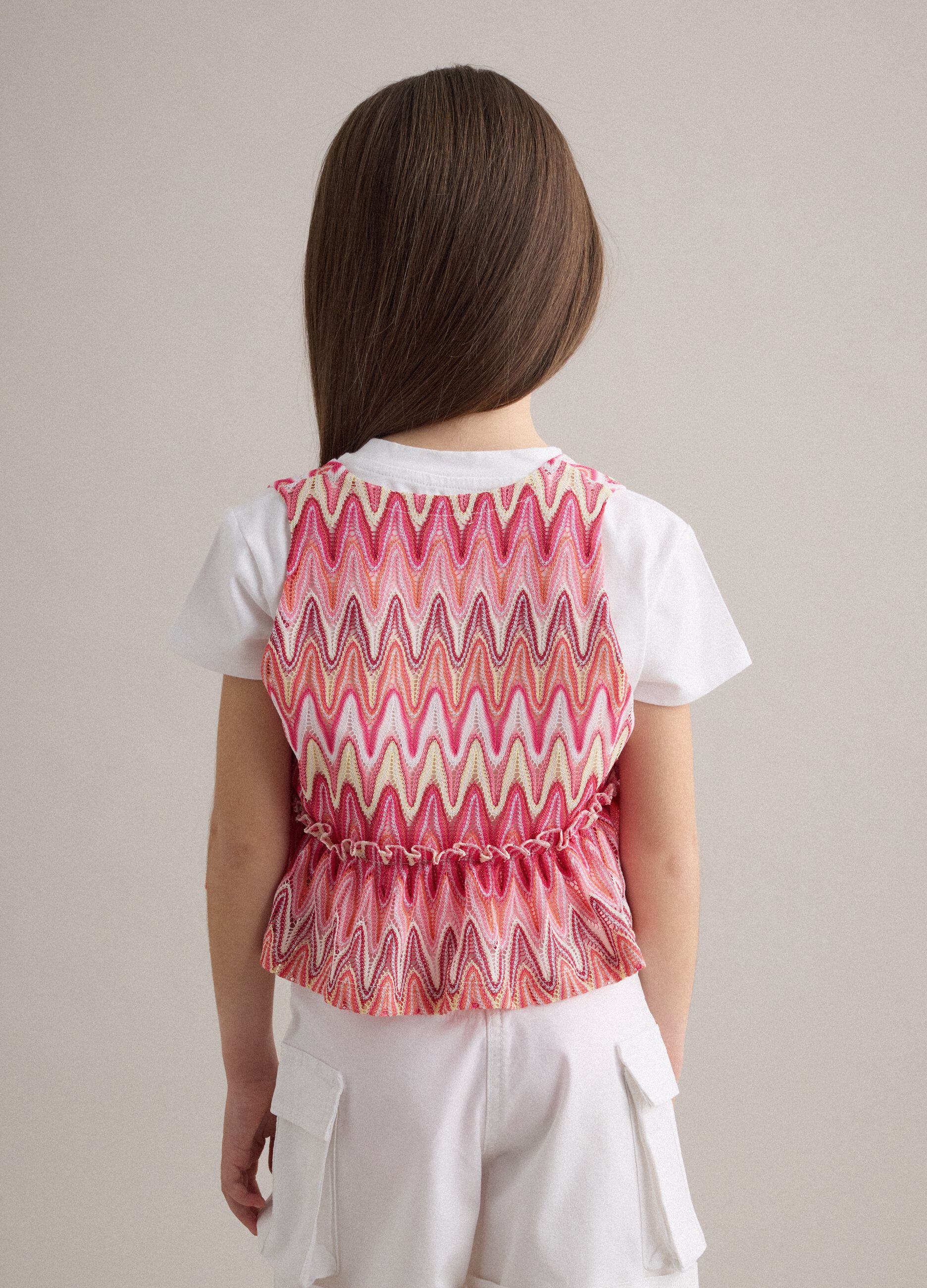 White stretch cotton T-shirt with patterned insert