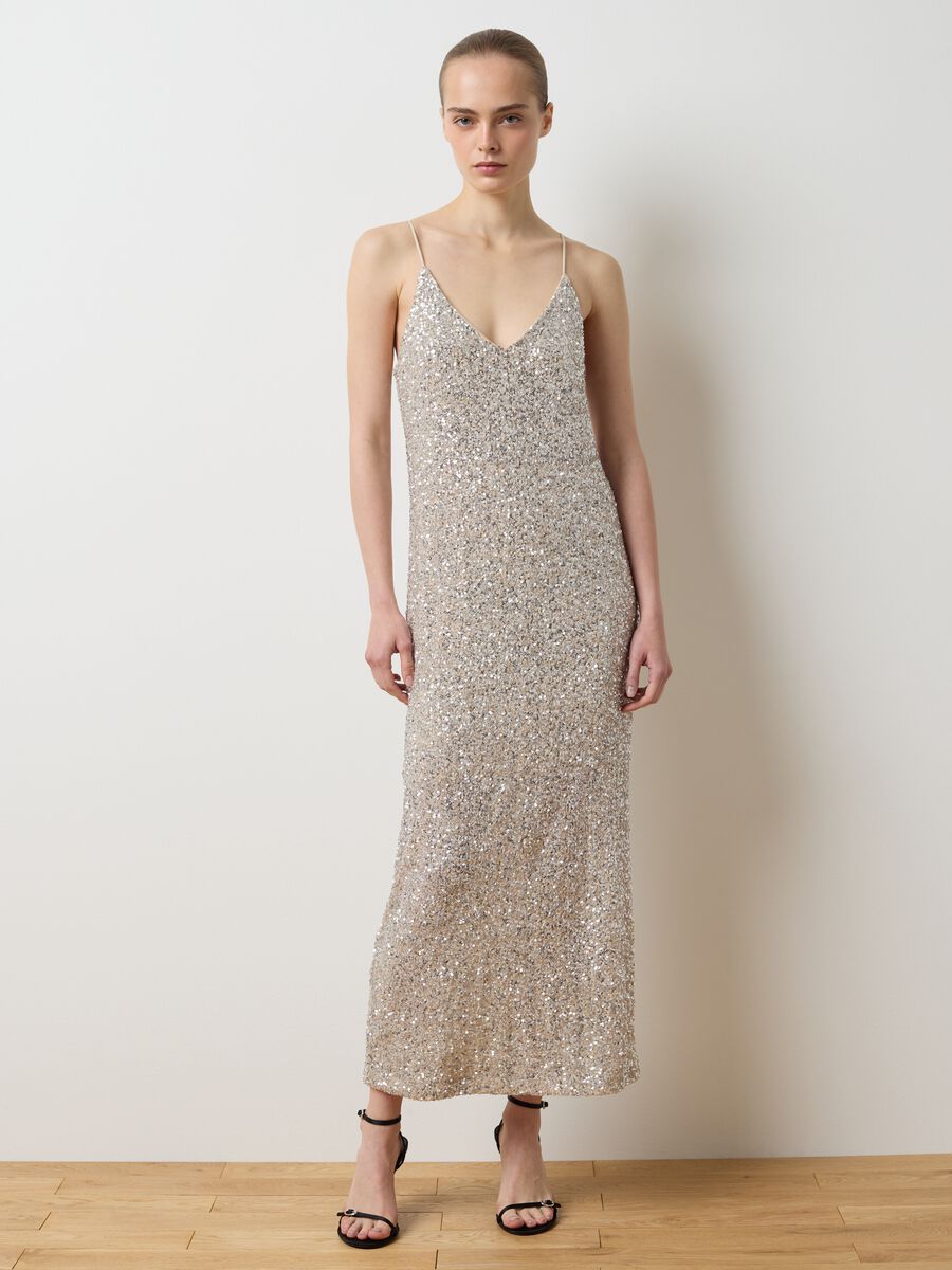 Beige Sheath Dress with Sequins_0