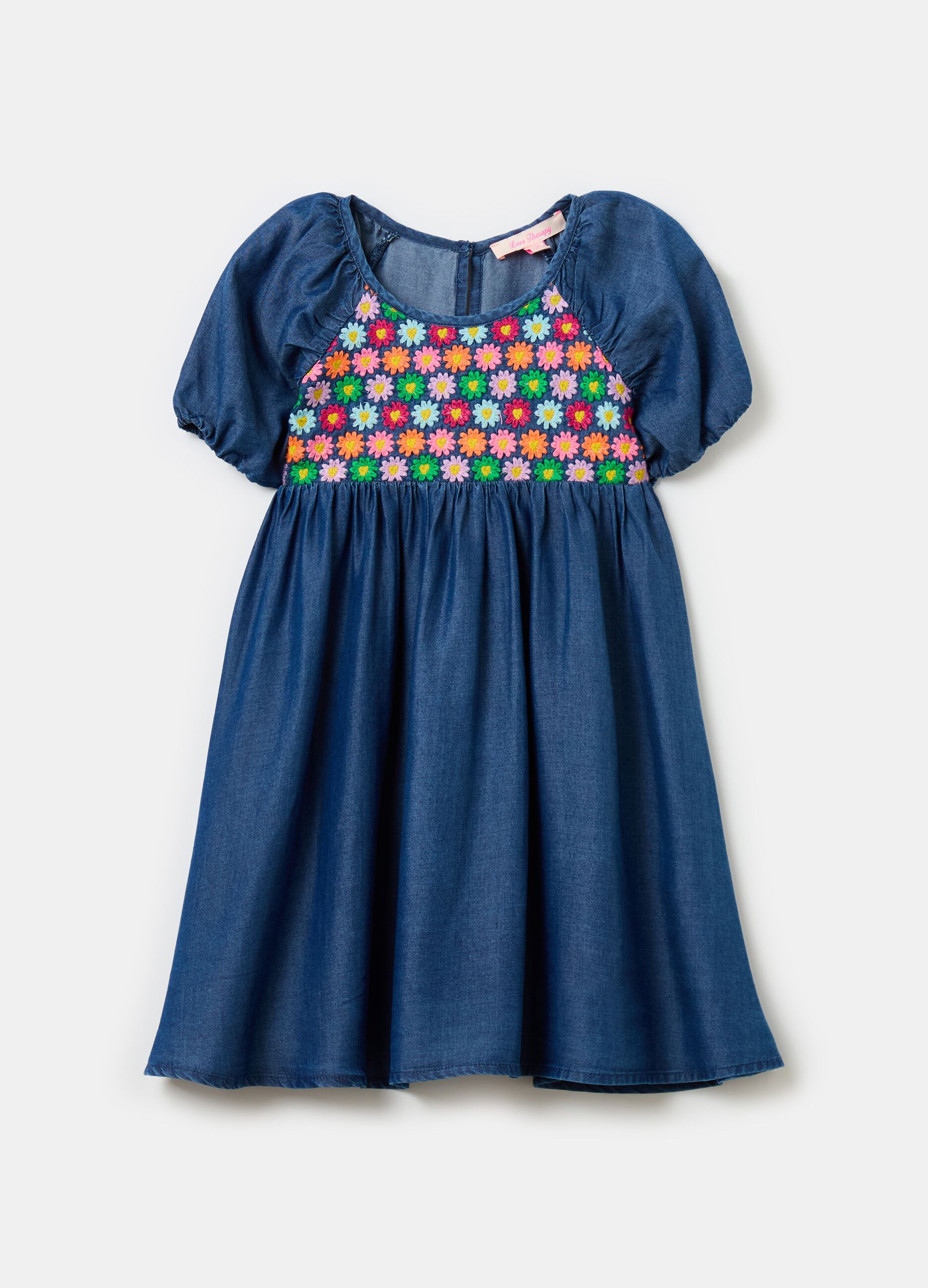 Denim-effect dress with flowers embroidery