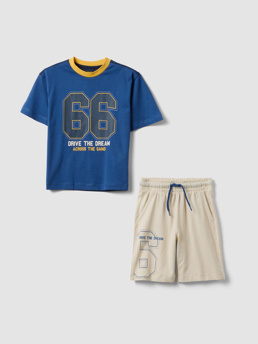 Blue and beige pure cotton set with T-shirt and shorts_0