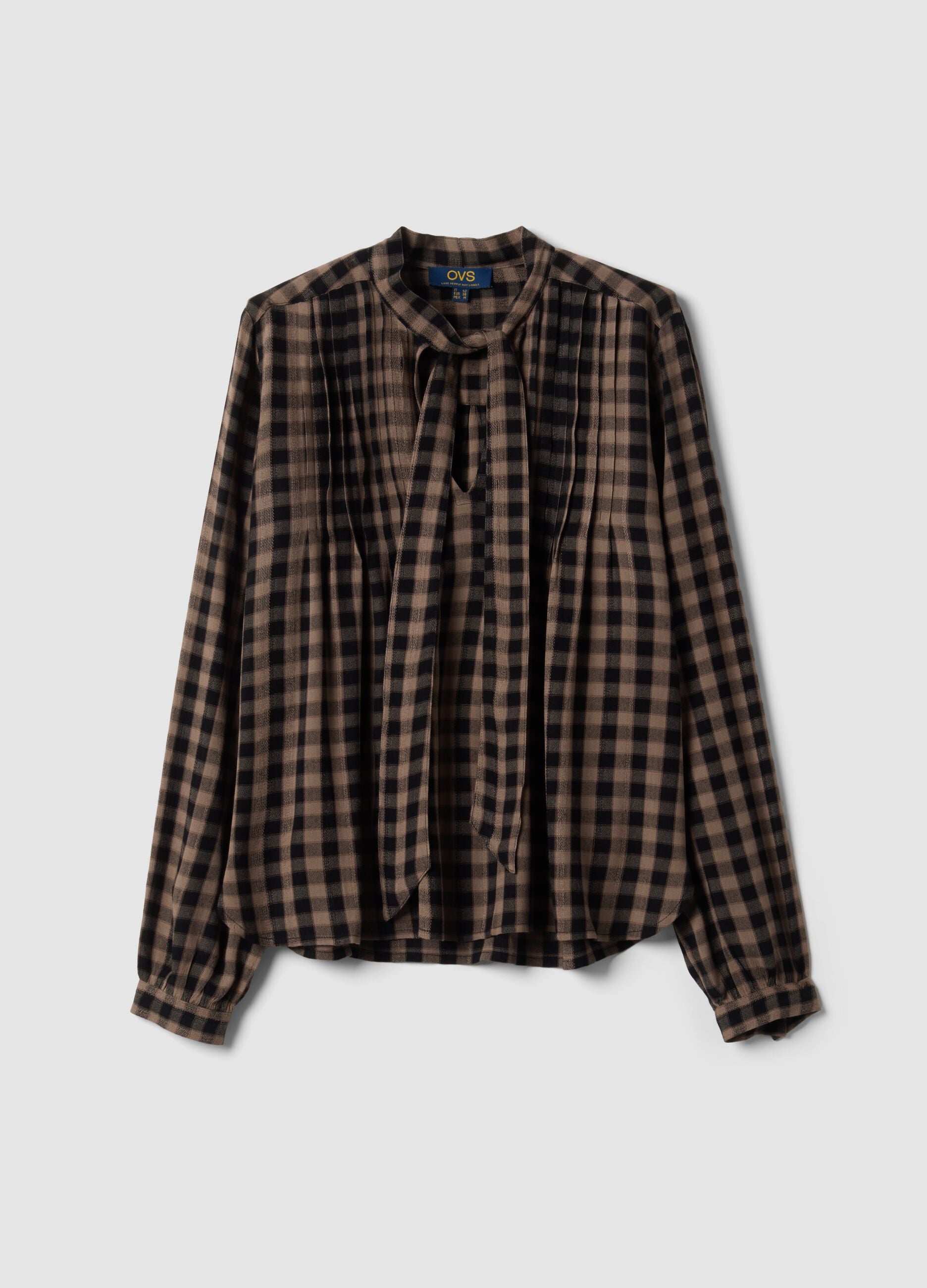 Camicia marrone a quadri in pura viscosa con fiocco