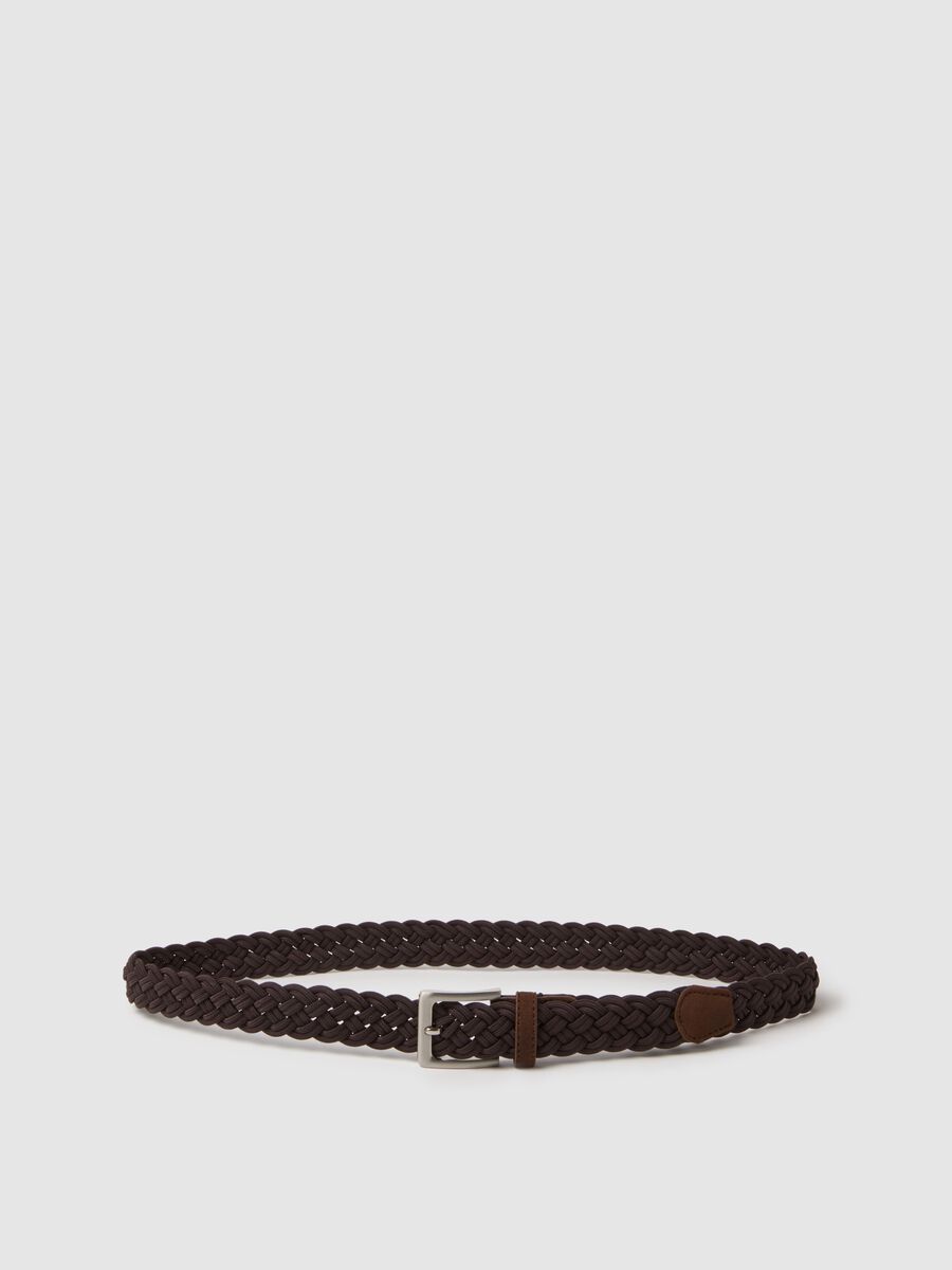 Braided brown belt with metal buckle_0