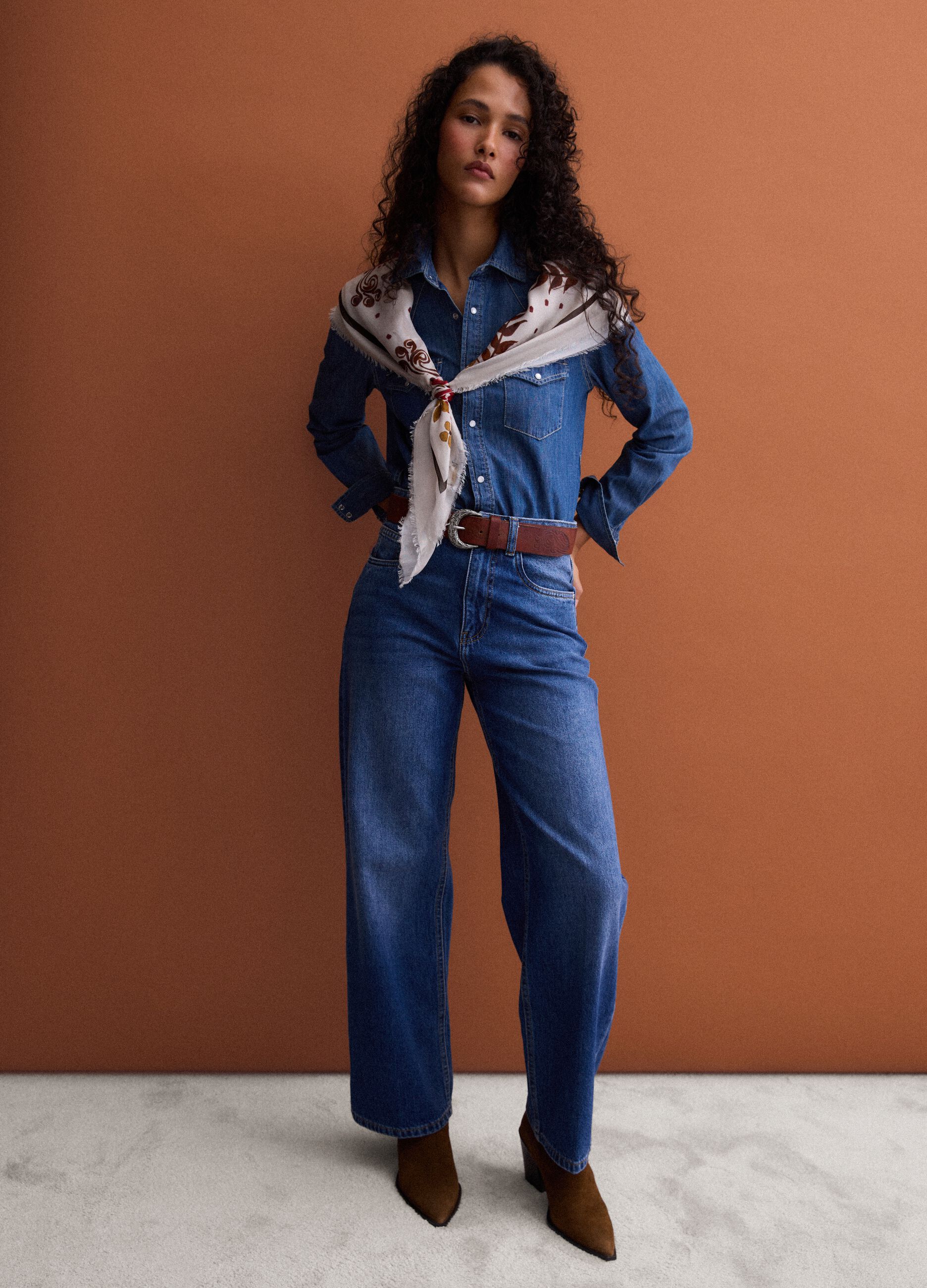Blue pure cotton denim shirt, regular fit