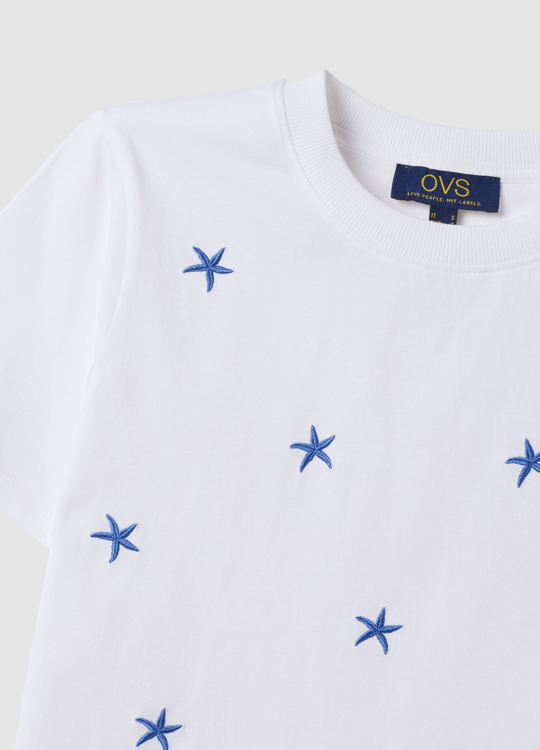 White pure cotton T-shirt with star embroidery