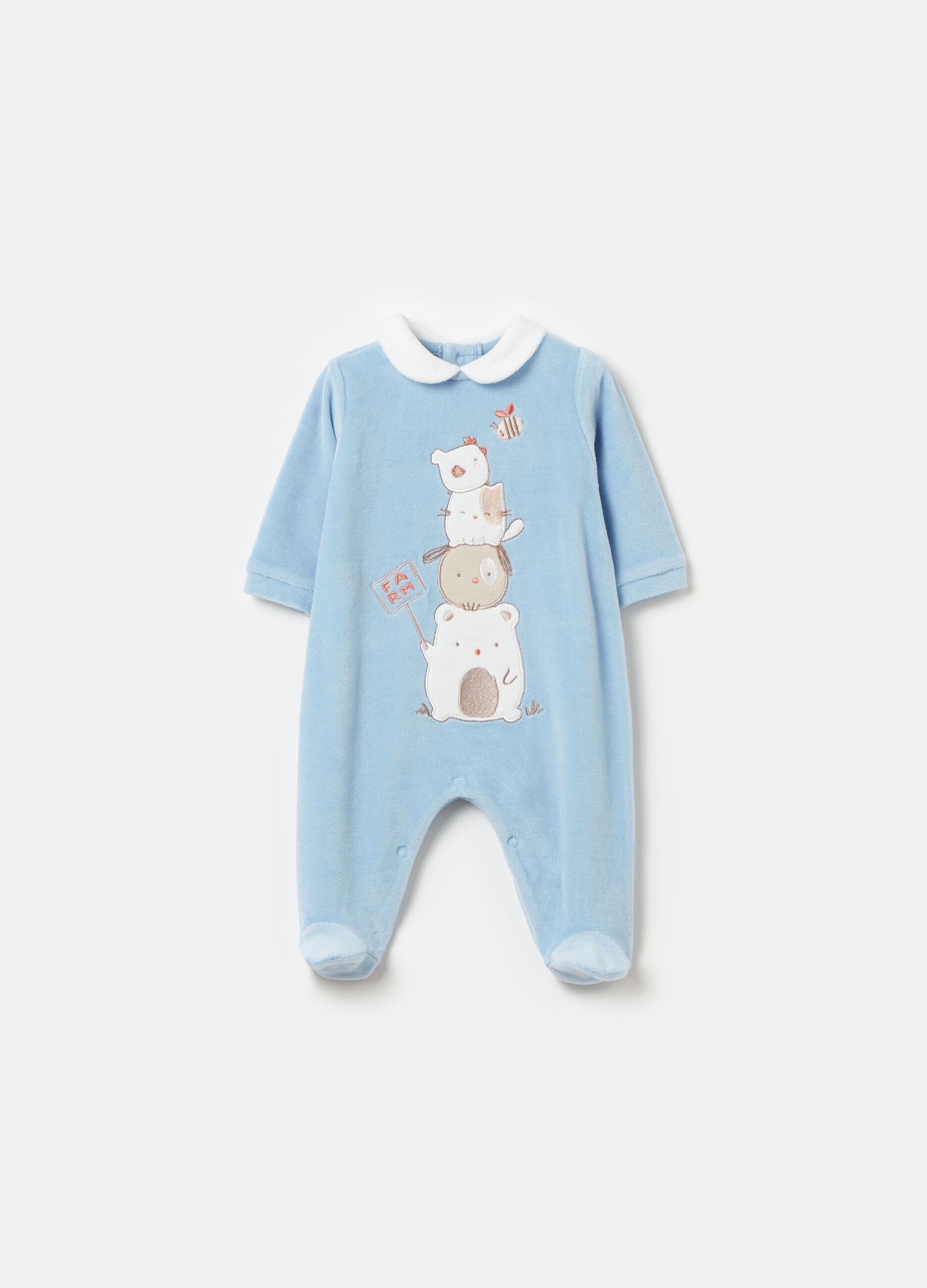 Velour onesie with animal print embroidery