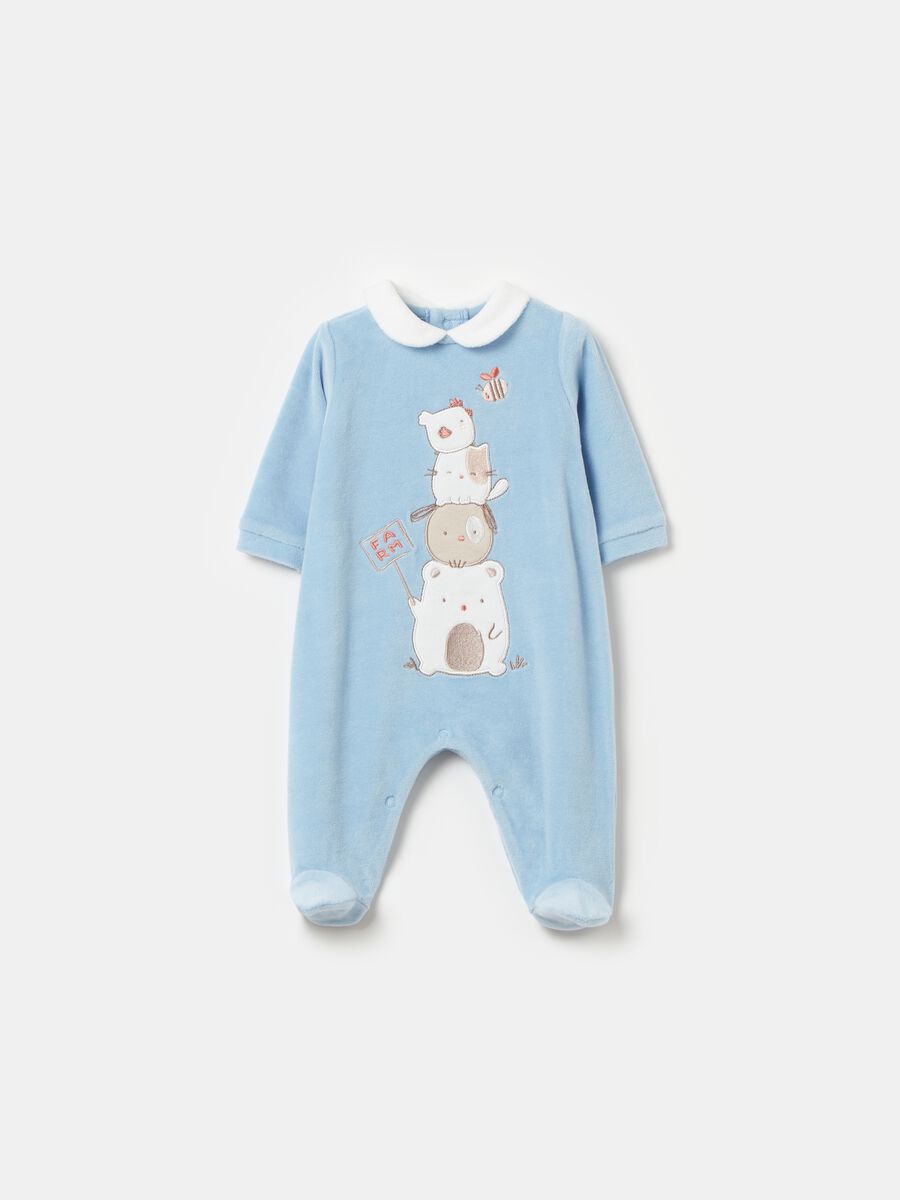 Velour onesie with animal print embroidery_0
