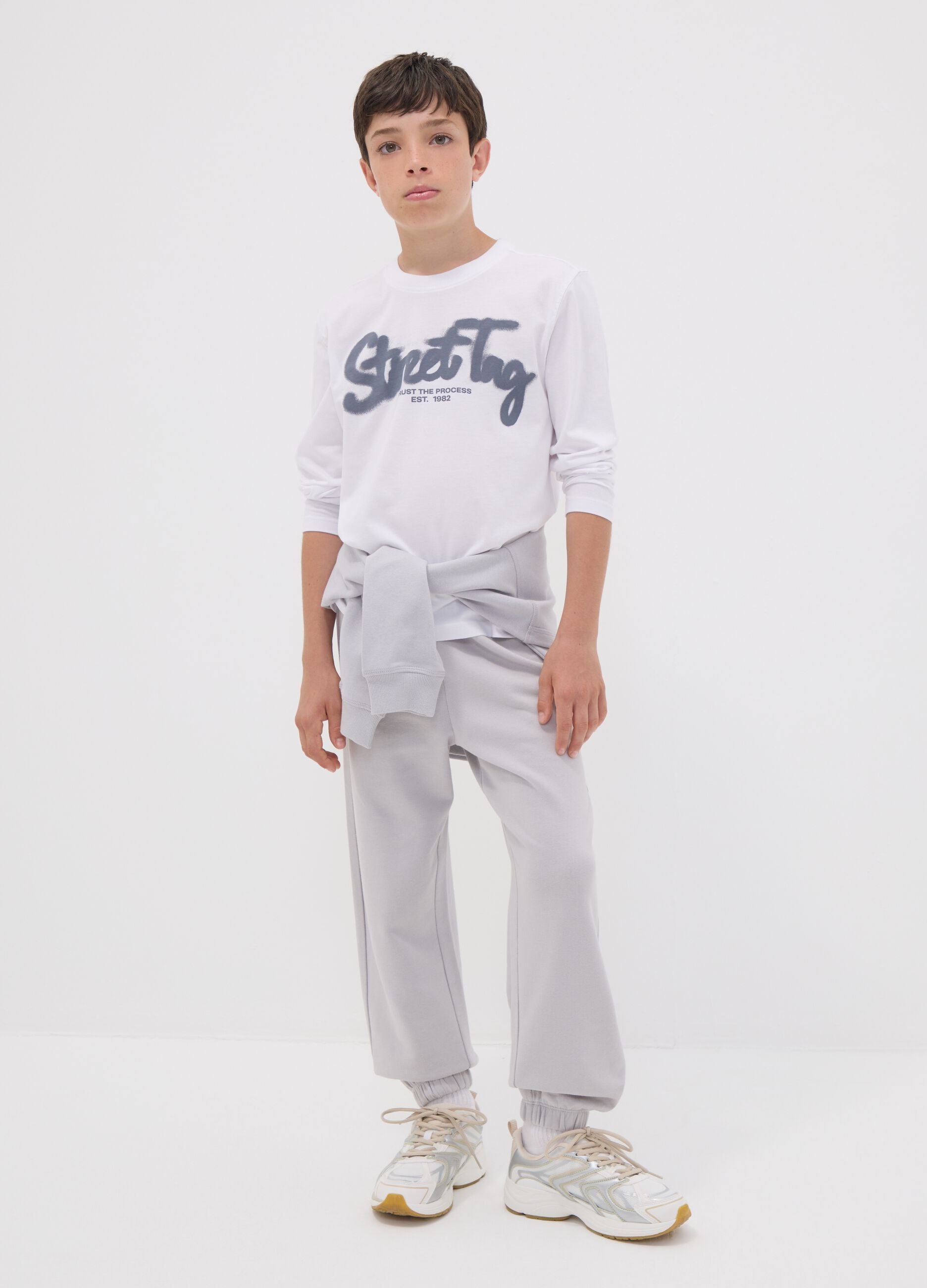 Grey pure organic cotton jogger trousers for boys, relaxed fit