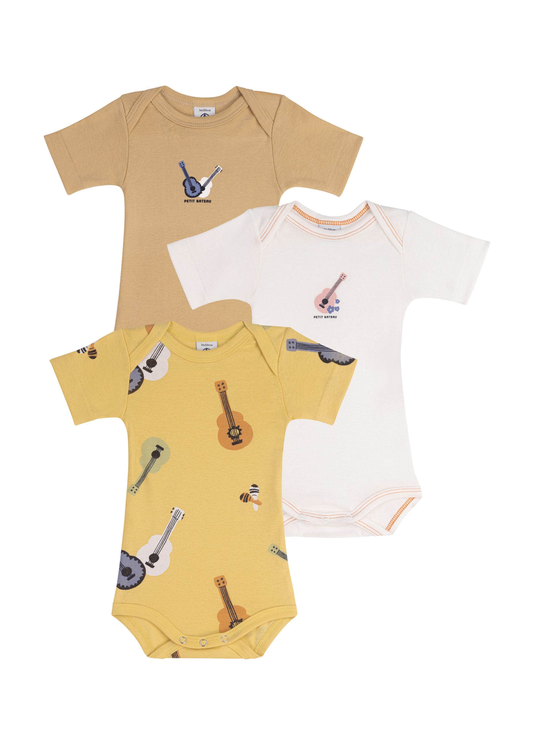 Three-pack bodysuits with short sleeves and guitar print
