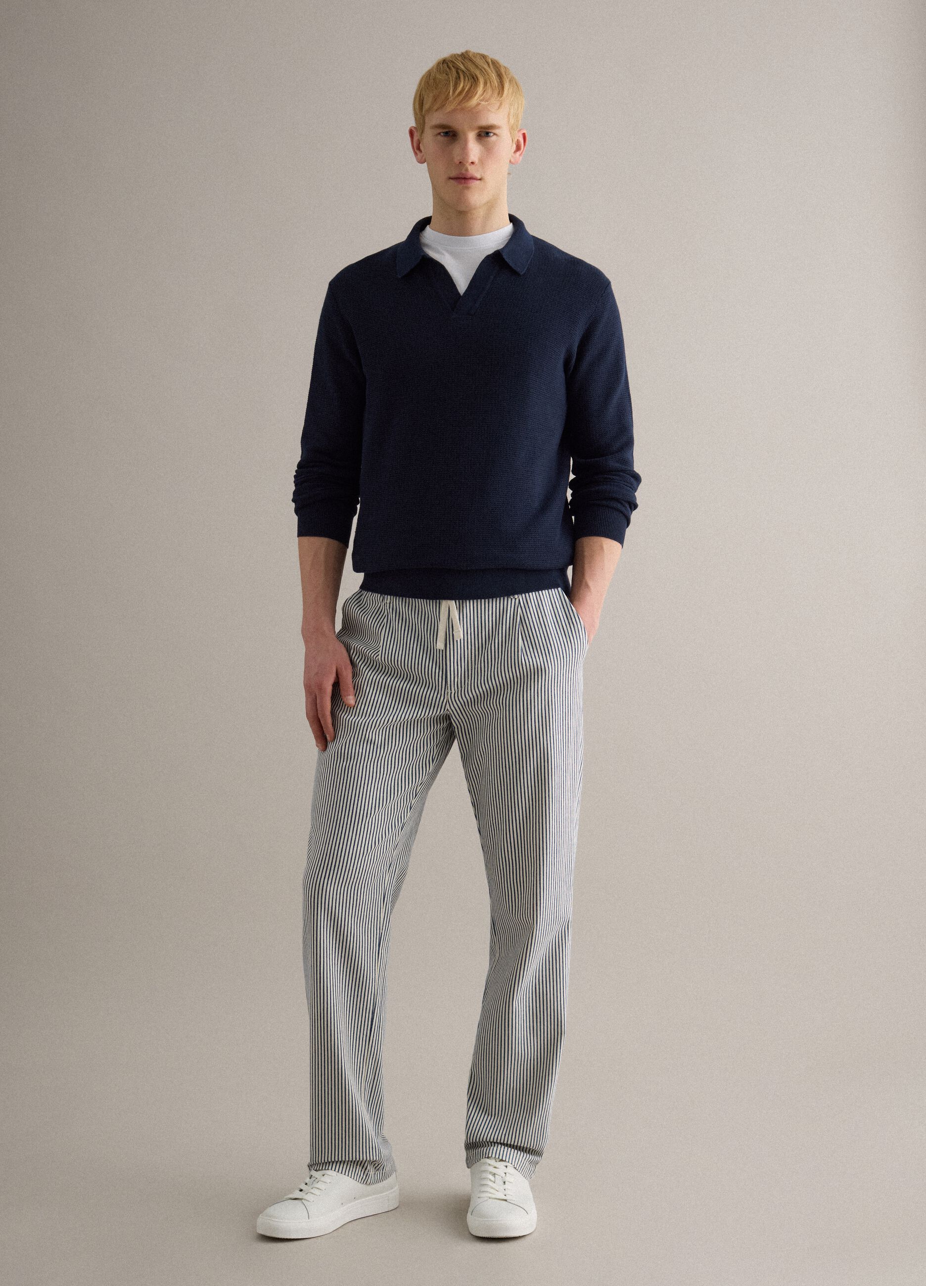 Regular fit multicolour striped stretch cotton trousers