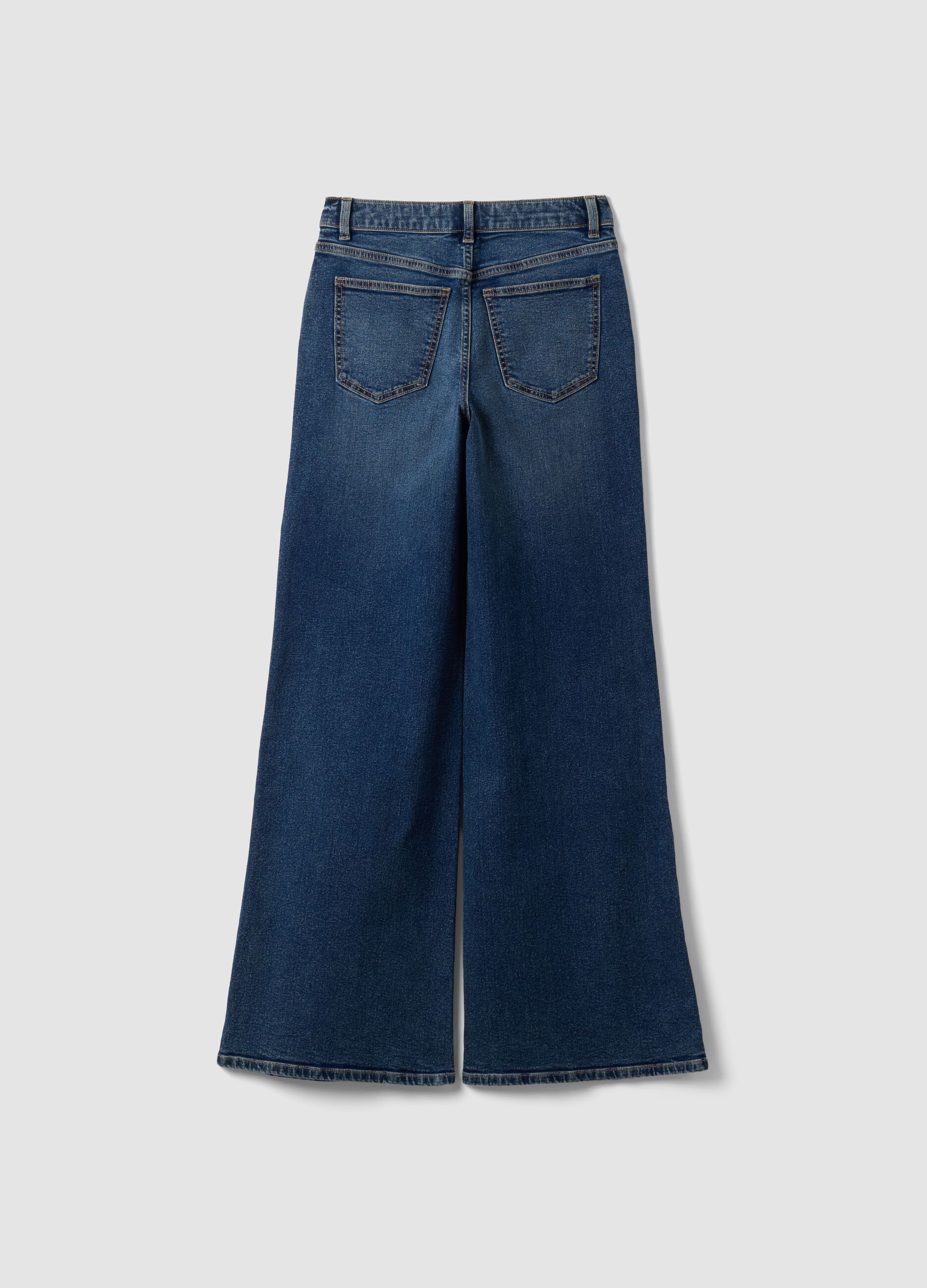 Blue high-waisted wide-leg stretch cotton jeans