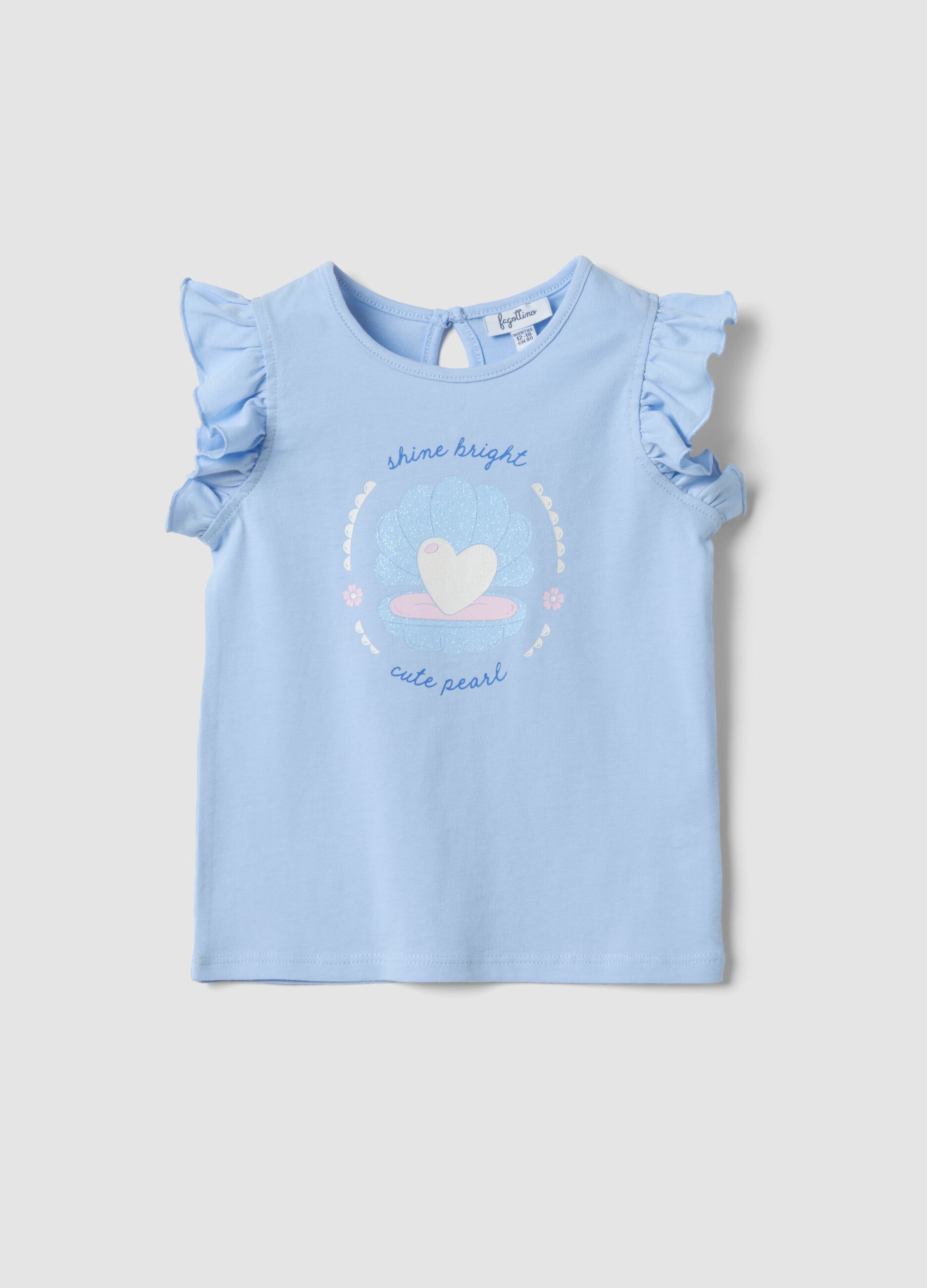 Hellblaues Tanktop aus reiner Bio-Baumwolle f&uuml;r Baby-M&auml;dchen mit Print und Volants