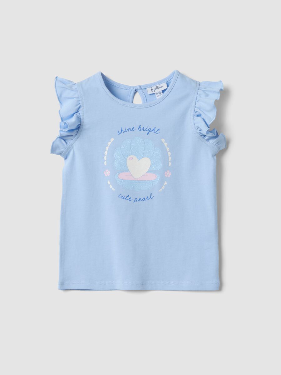 Hellblaues Tanktop aus reiner Bio-Baumwolle f&uuml;r Baby-M&auml;dchen mit Print und Volants_0