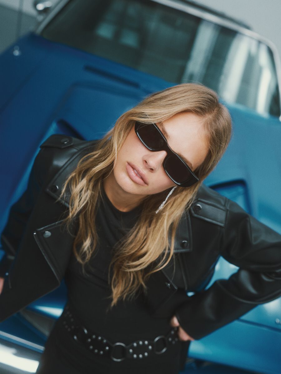 Black biker jacket regular fit with metallic details and diagonal zip_1