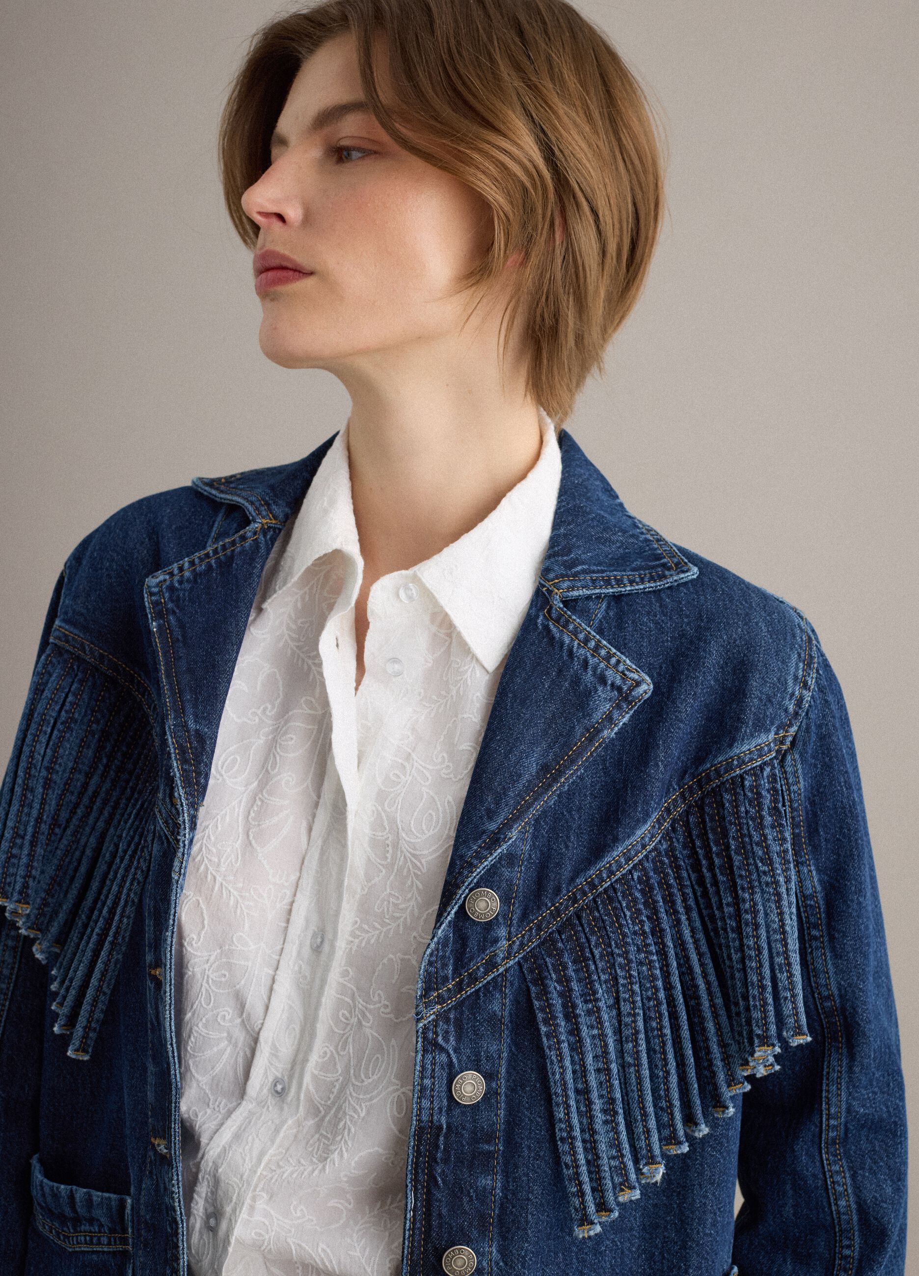 Pure cotton denim jacket regular fit with fringes