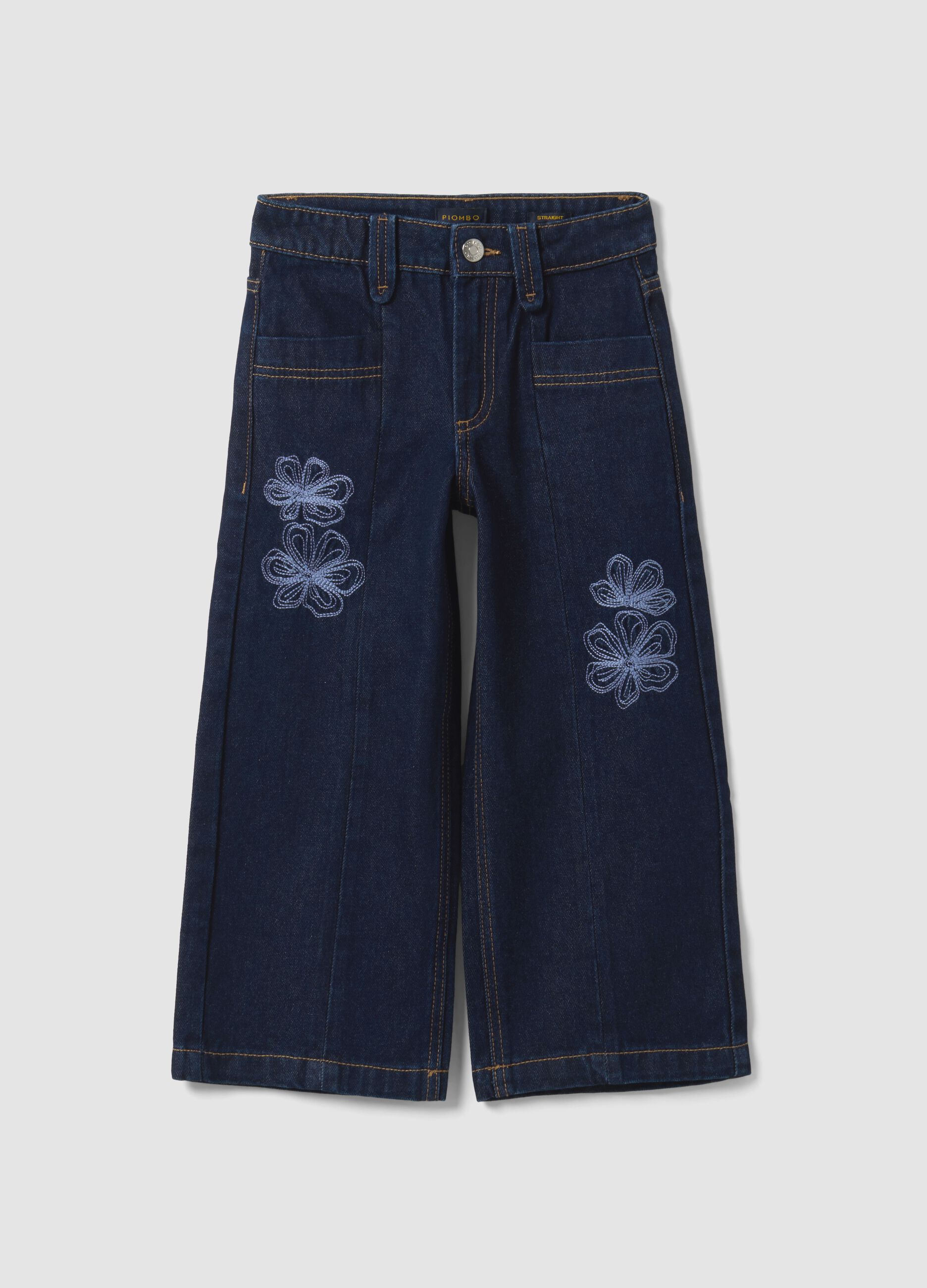 Jeans azuis de algod&atilde;o puro de corte direito com bordados florais para menina