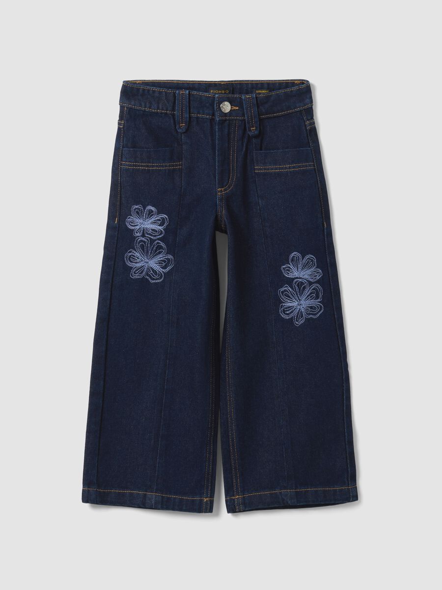 Blue straight-leg pure cotton jeans with floral embroidery for girls_0