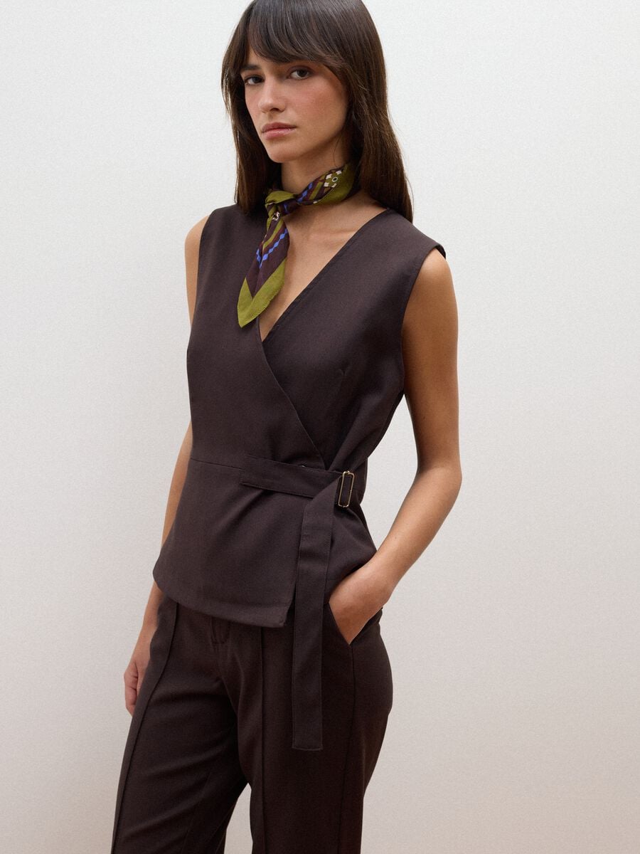 Brown stretch viscose waistcoat with belt_0