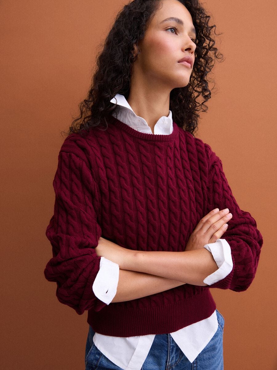 Red crew-neck pure cotton cable-knit jumper, regular fit_0
