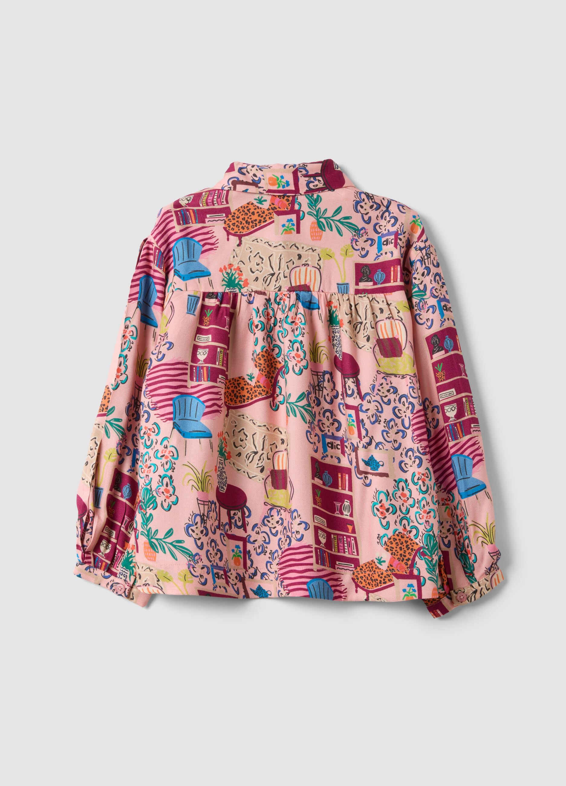 Camicia rosa in pura viscosa con fantasia e colletto classico per bambina