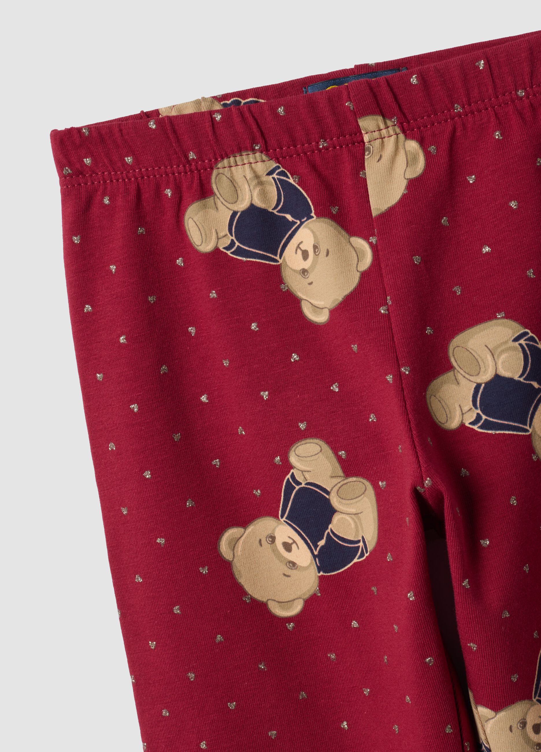 Leggings rossi in cotone organico elasticizzato con stampa orsetti per bambina