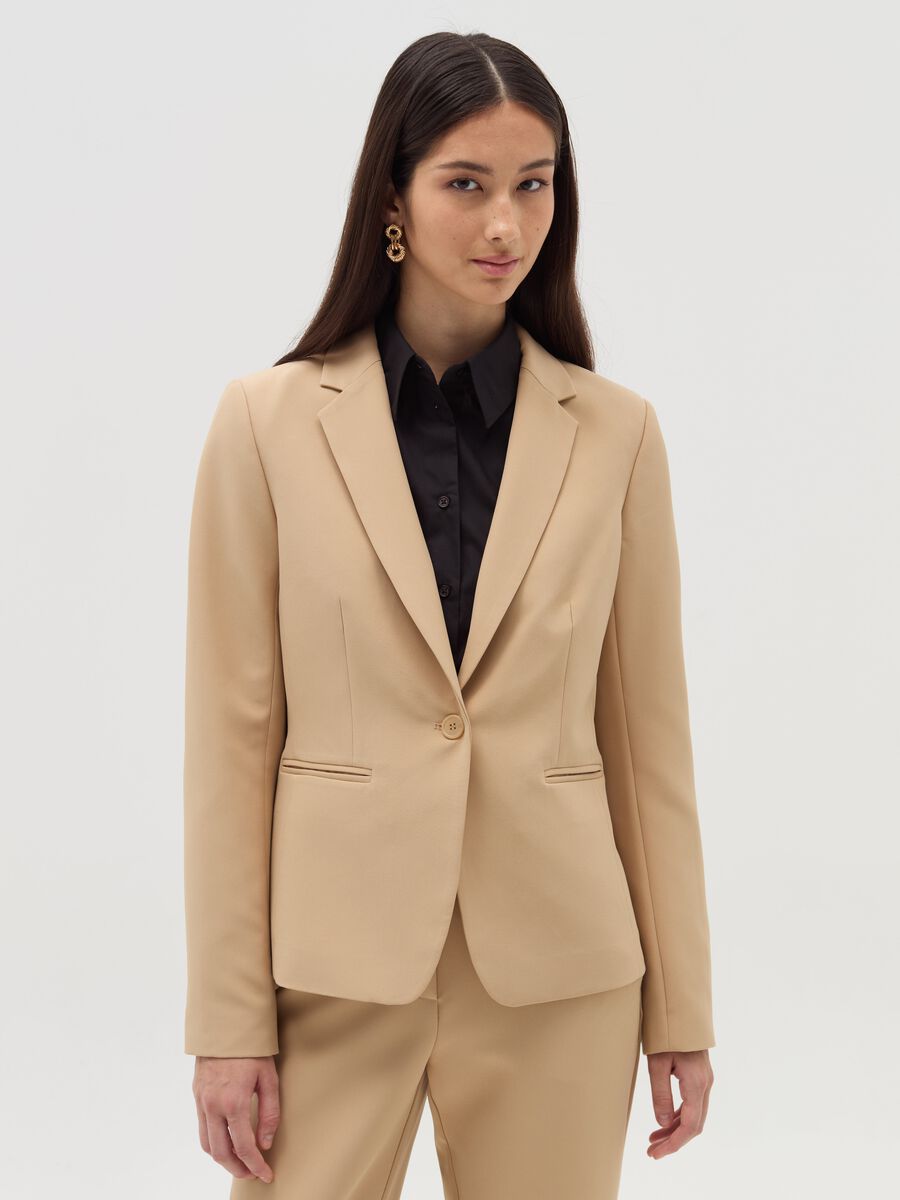 Solid colour single-breasted blazer_0