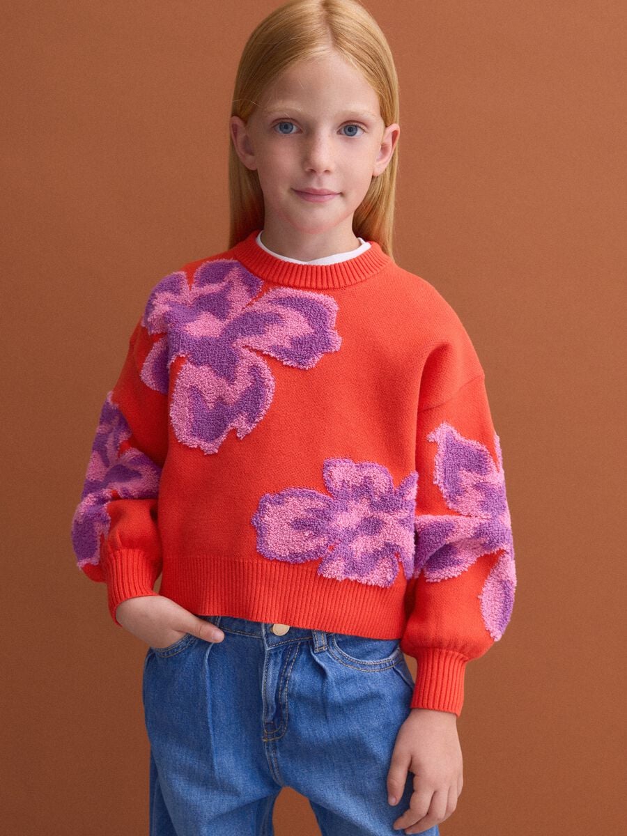 Camisola vermelha em algod&atilde;o puro de gola redonda com padr&atilde;o floral para menina_0