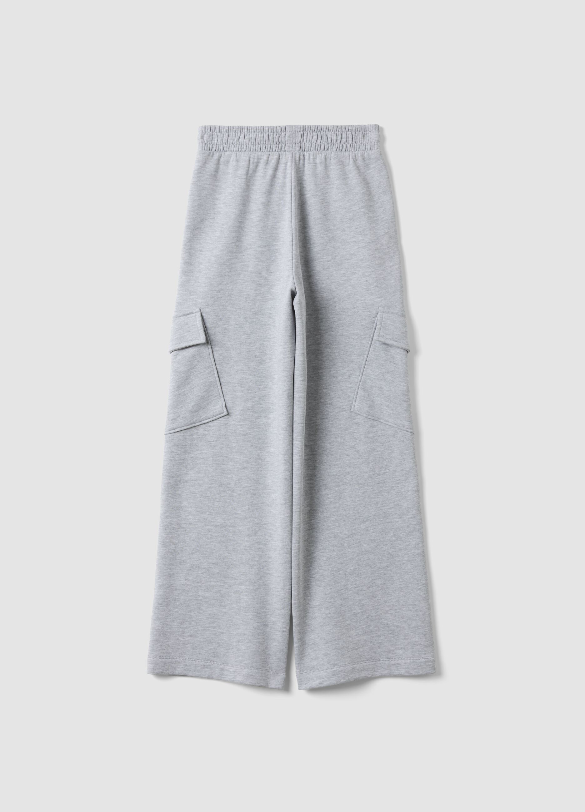Grey pure cotton wide-leg trousers with cargo pockets