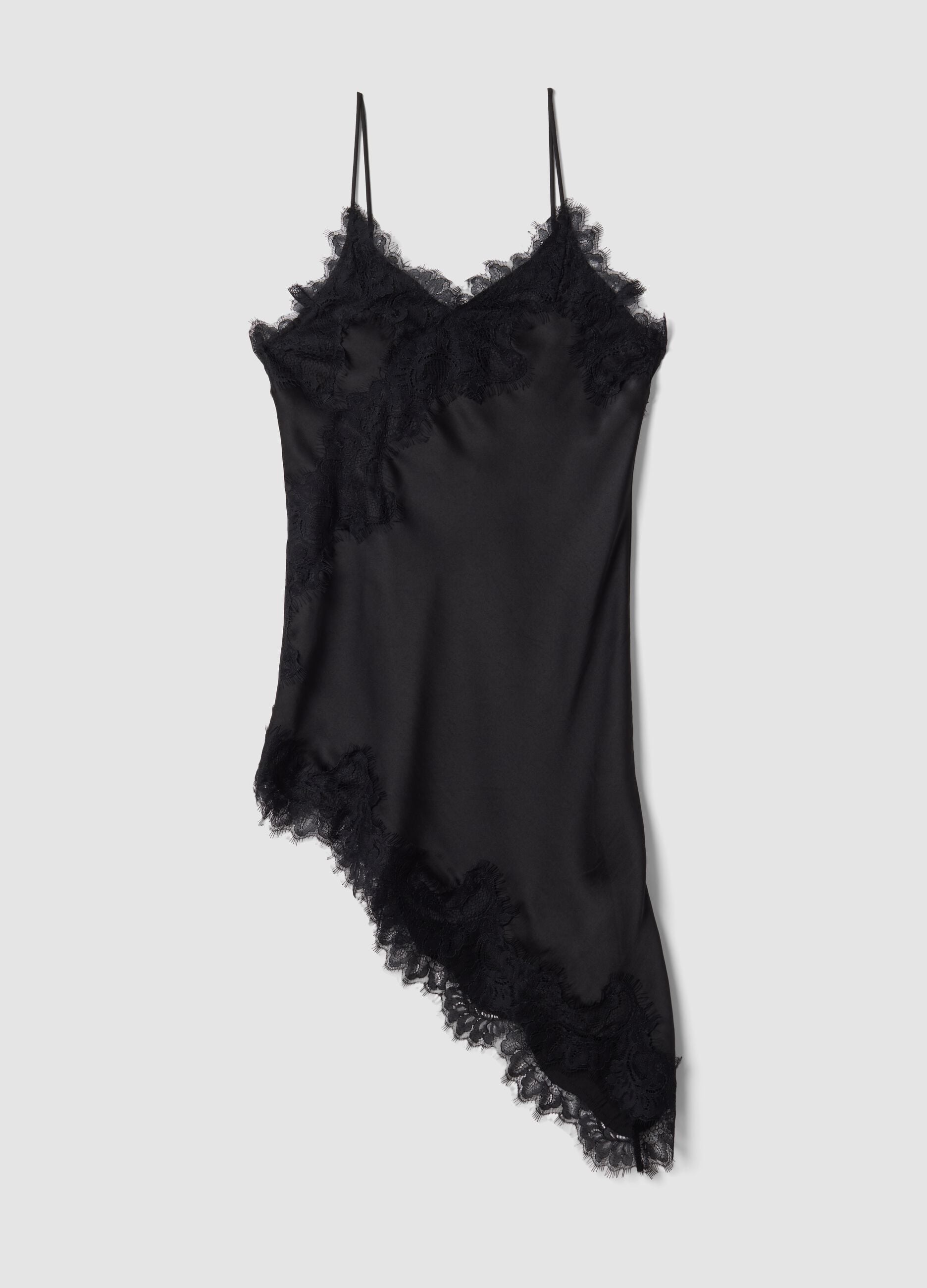 Black viscose-blend dress with deep V-neck and lace