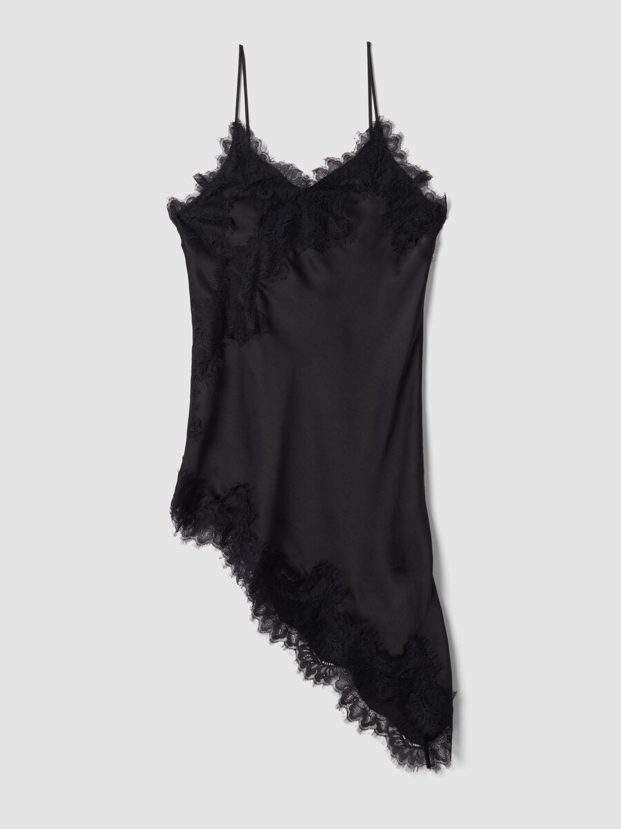 Black viscose-blend dress with deep V-neck and lace_0