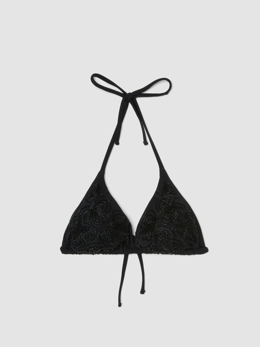 Haut de bikini triangle noir en tissu extensible avec perles_5
