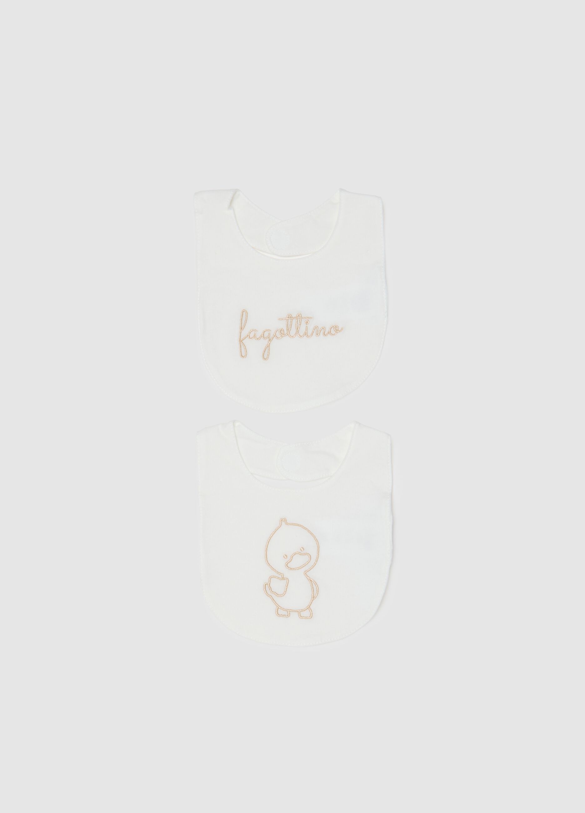 Baby bib twin set in pure white cotton with embroidery