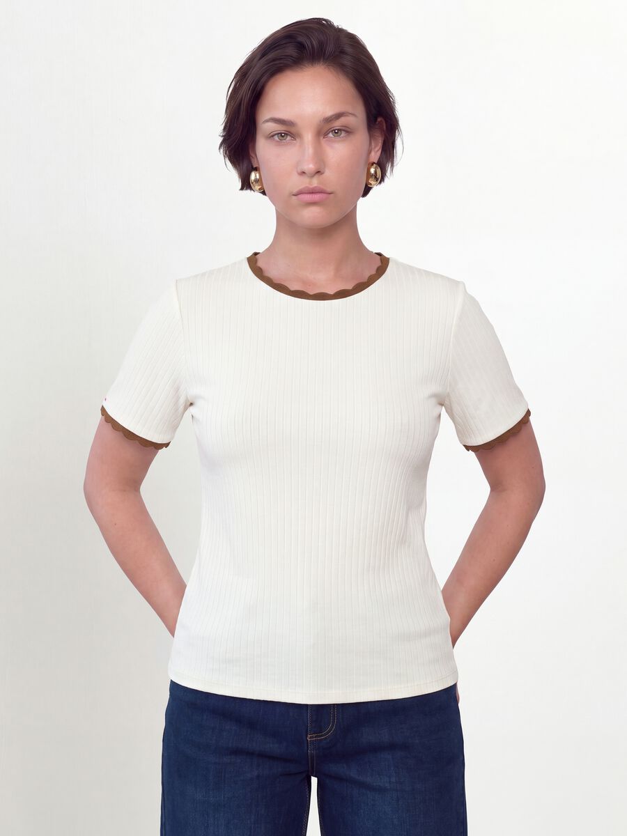 White stretch viscose crew-neck T-shirt with contrast trim_0