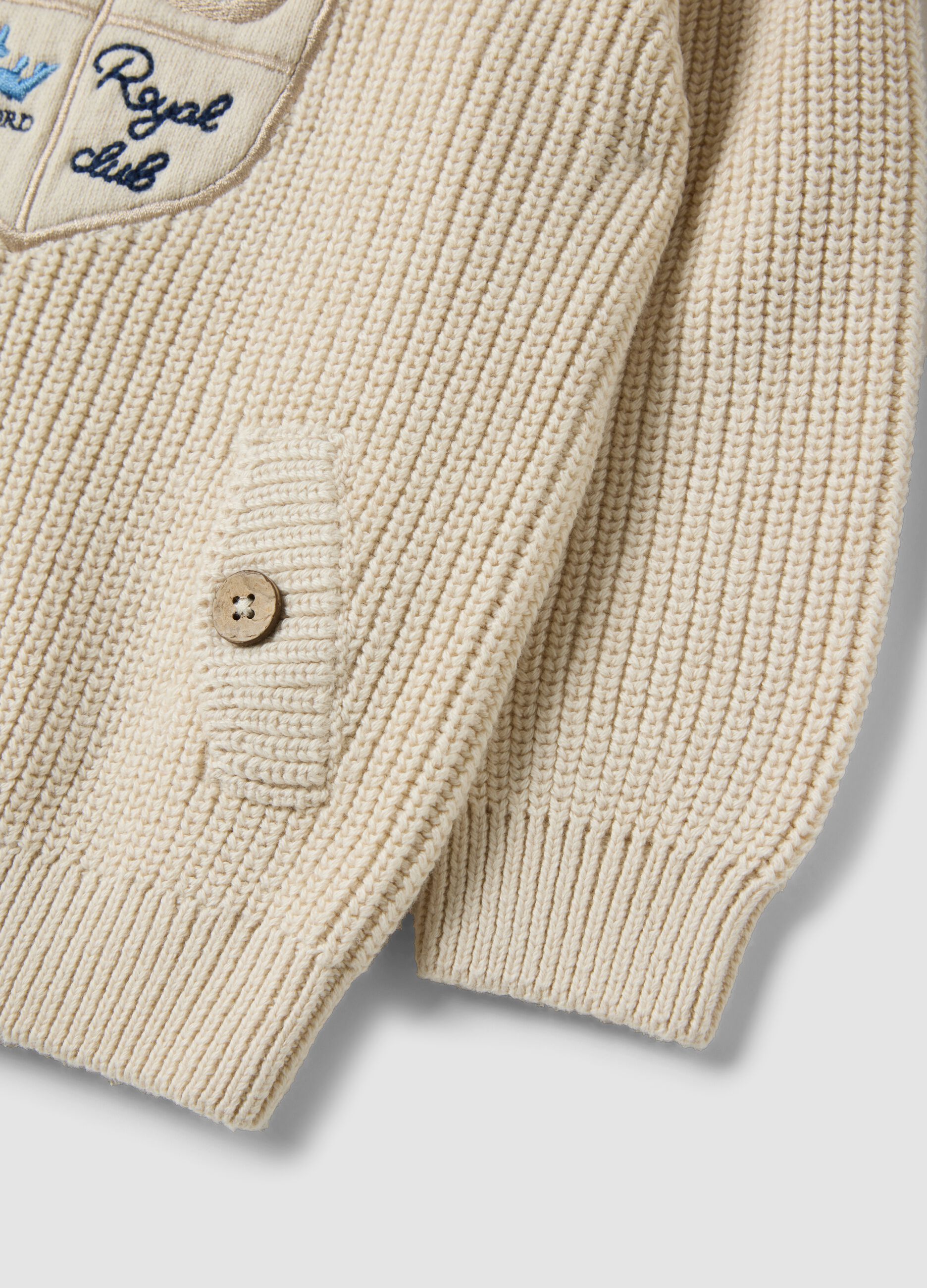 Beige pure cotton knit jumper with crew neck