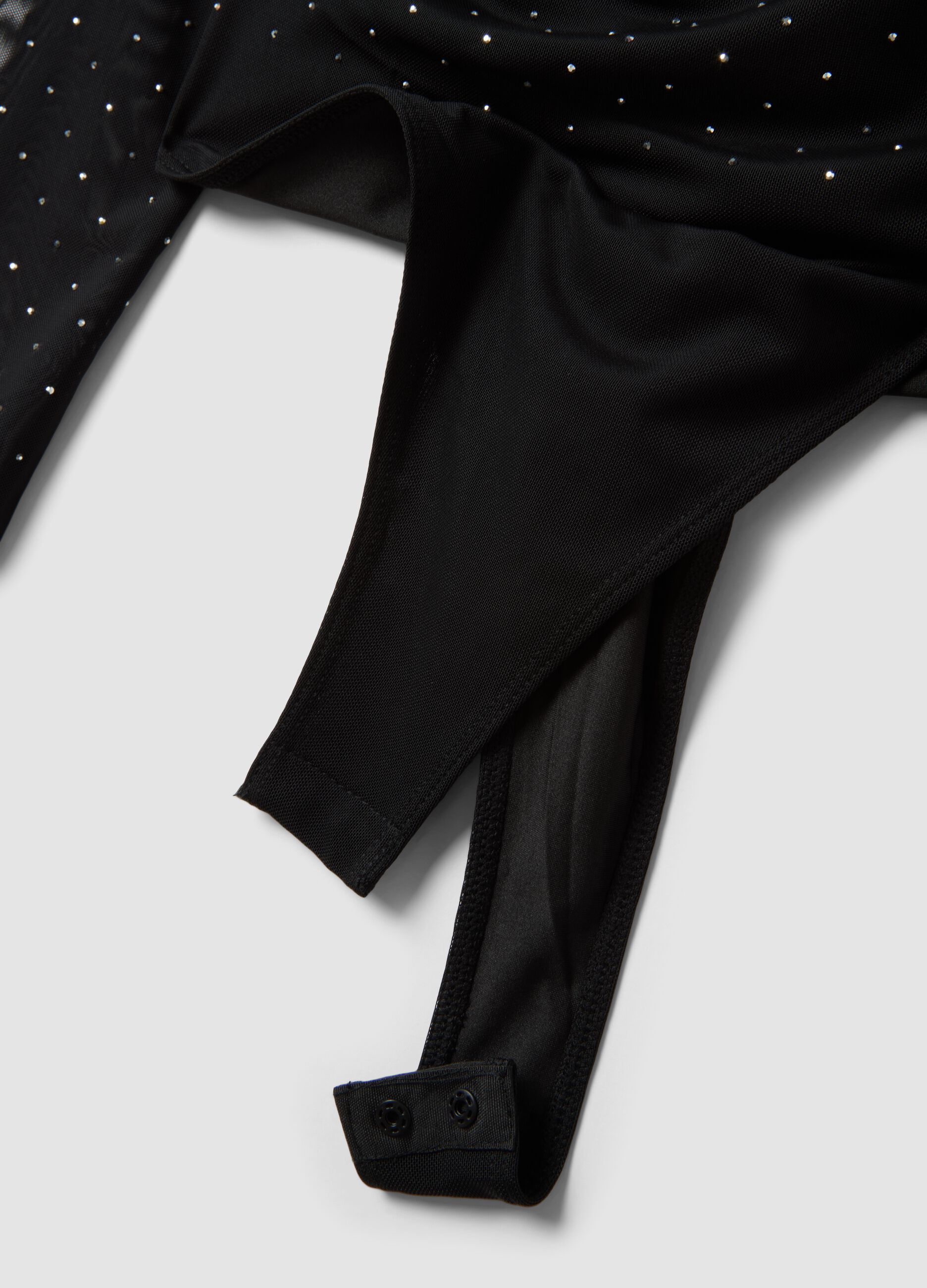 Black fitted stretch bodysuit with rhinestones