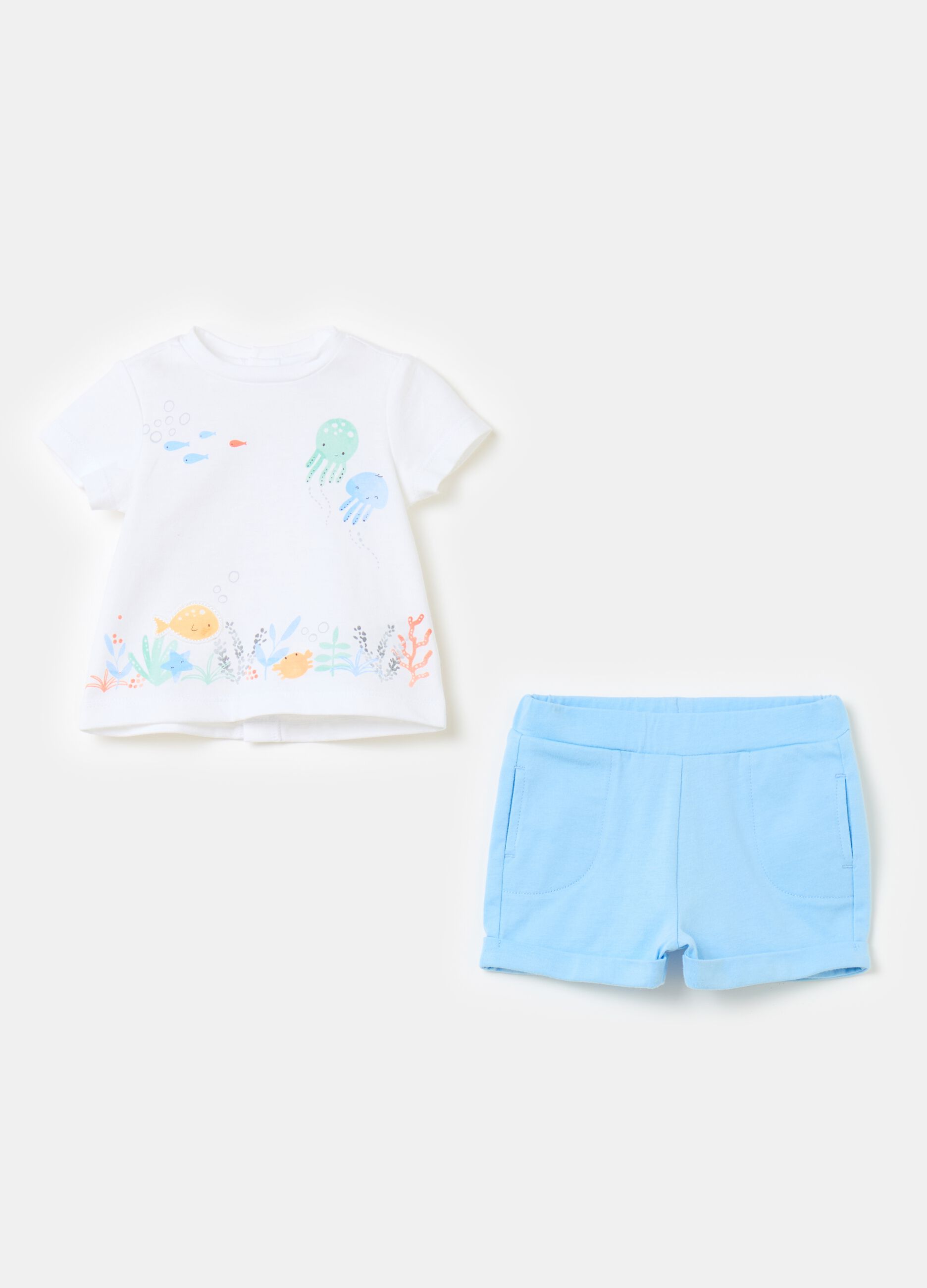 T-shirt and shorts set with sea animals print