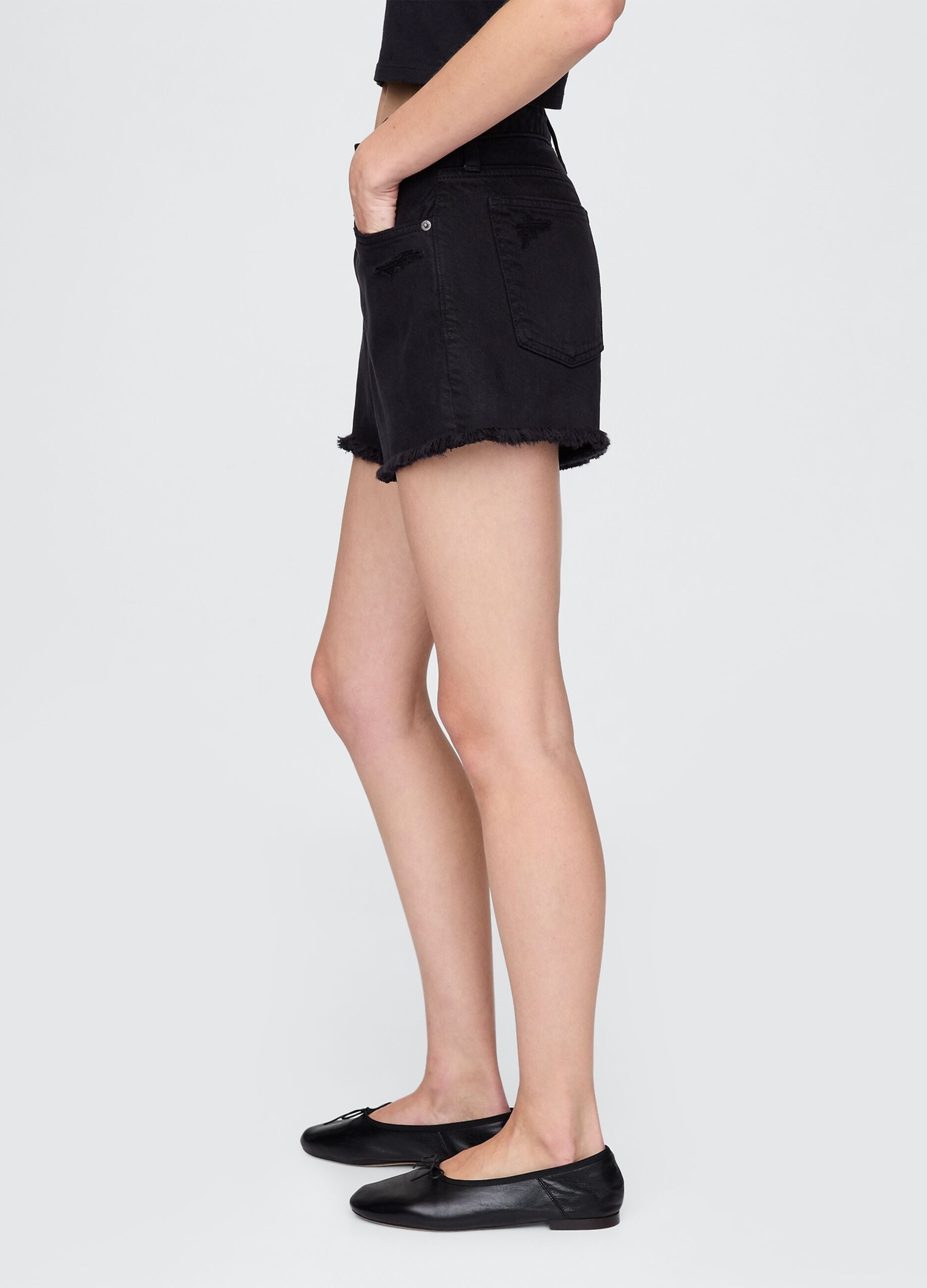 Black Denim Shorts with Frayed Hem